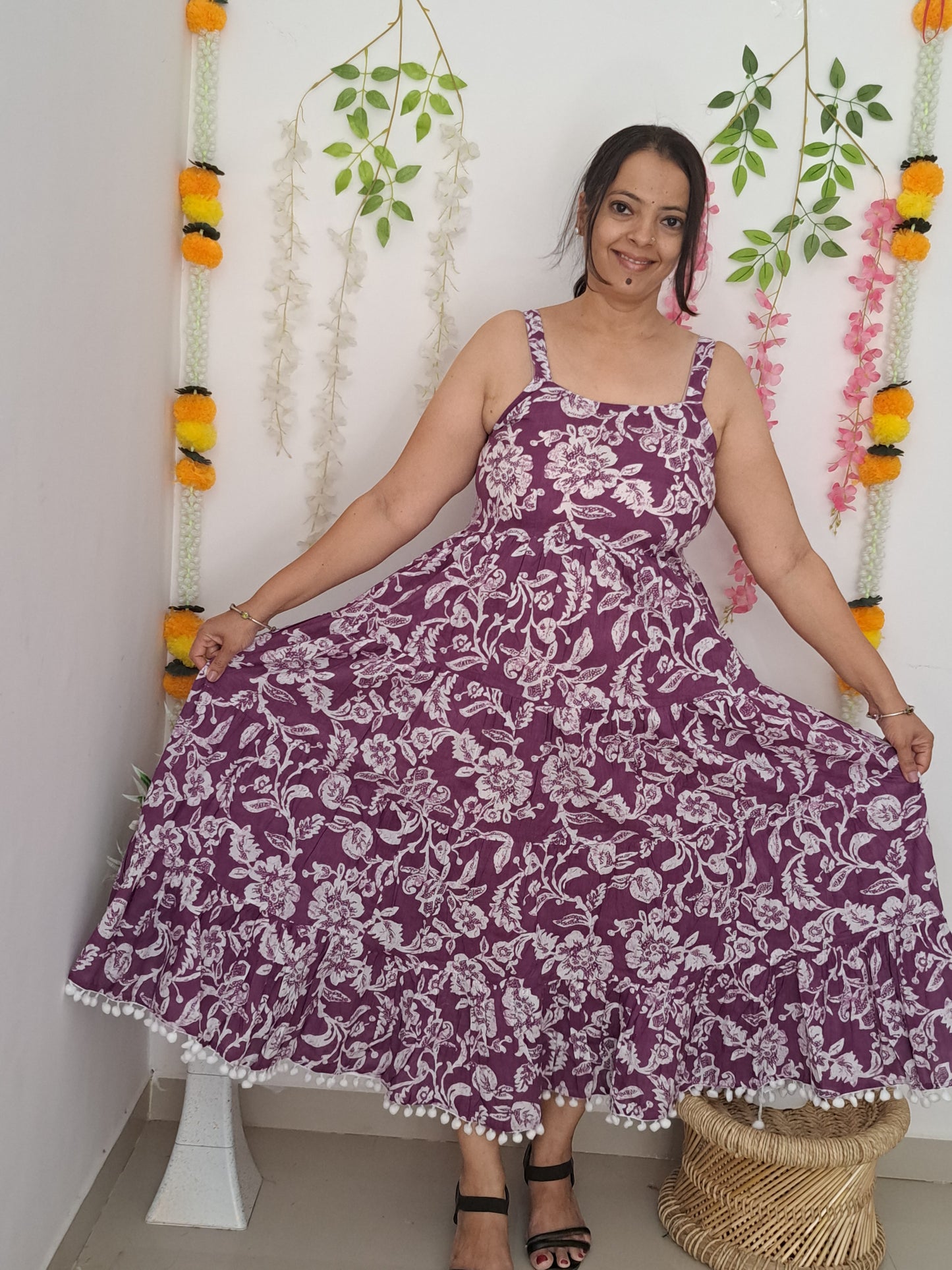 Ethereal Plum: Purple floral Cotton Spaghetti Midi Dress