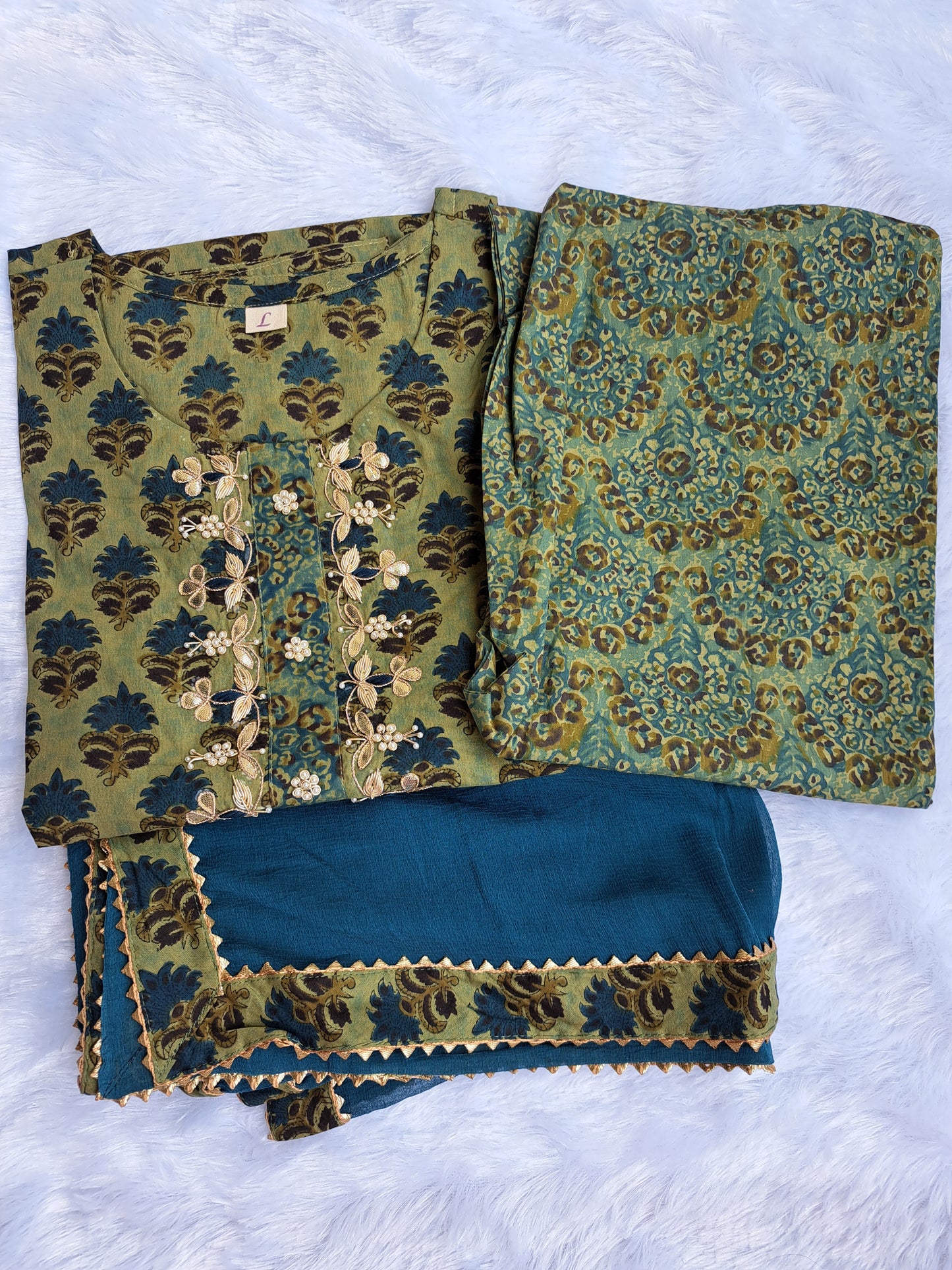 Emerald Enchantment: Green Floral Print Cotton Embroidered Kurta Set with Dupatta