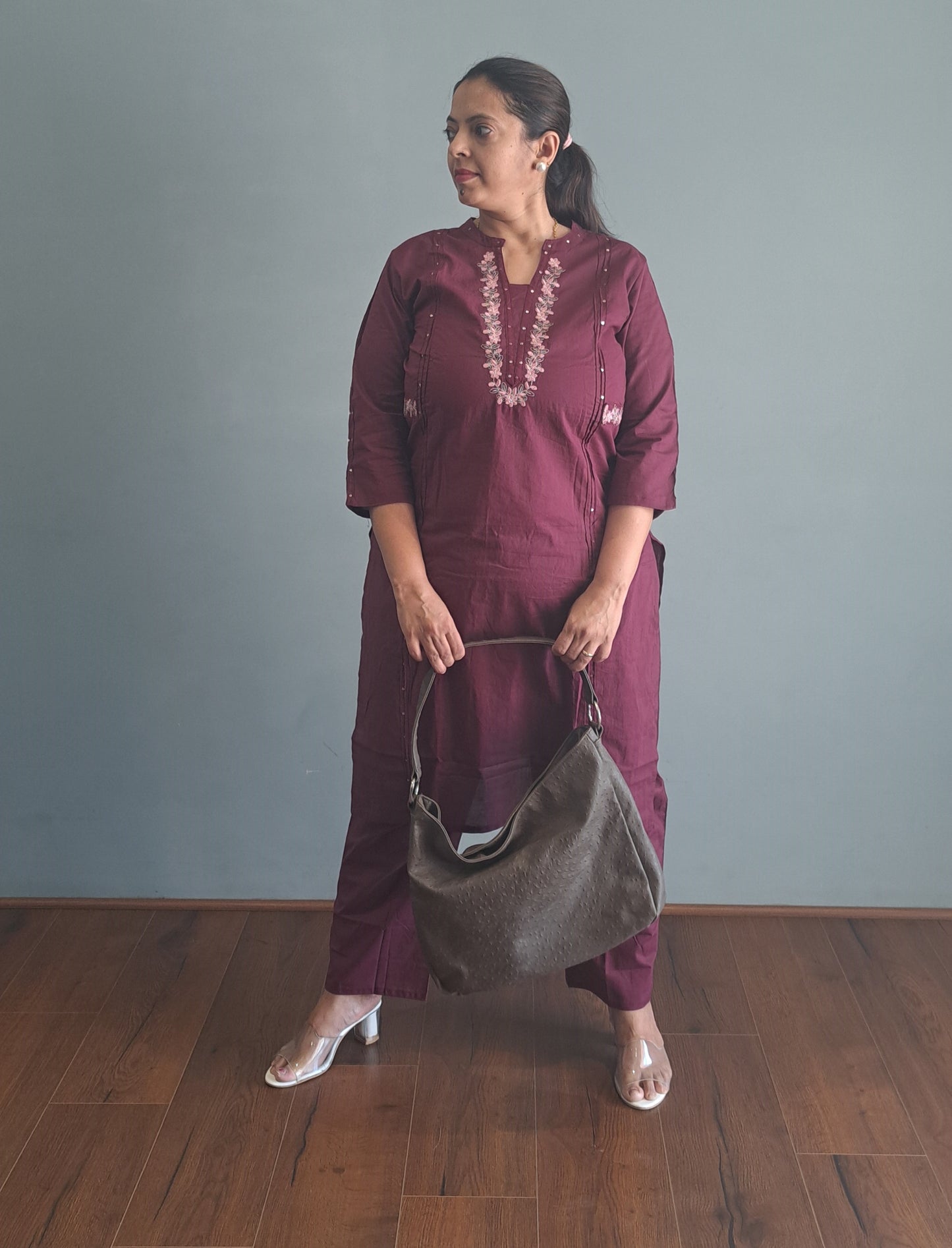 Dark Magenta Whispers: Embroidered Kurta Pant Set