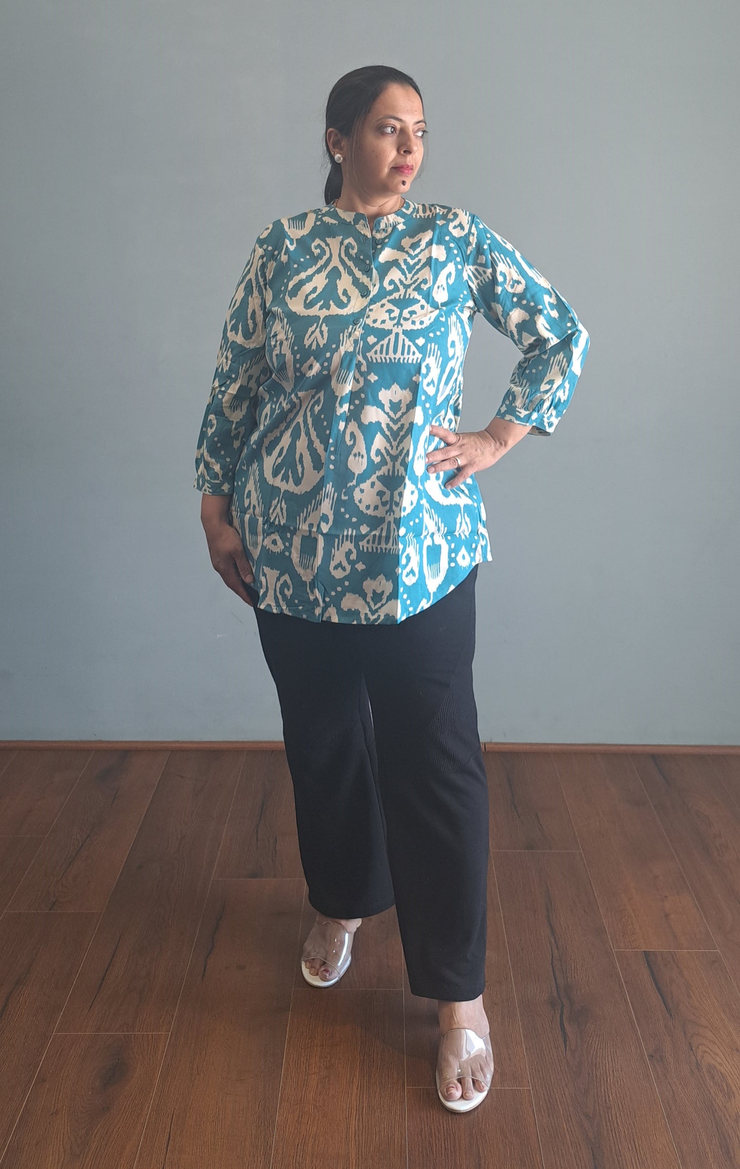 Azure Ikkat : Sky blue ikkat print tunic