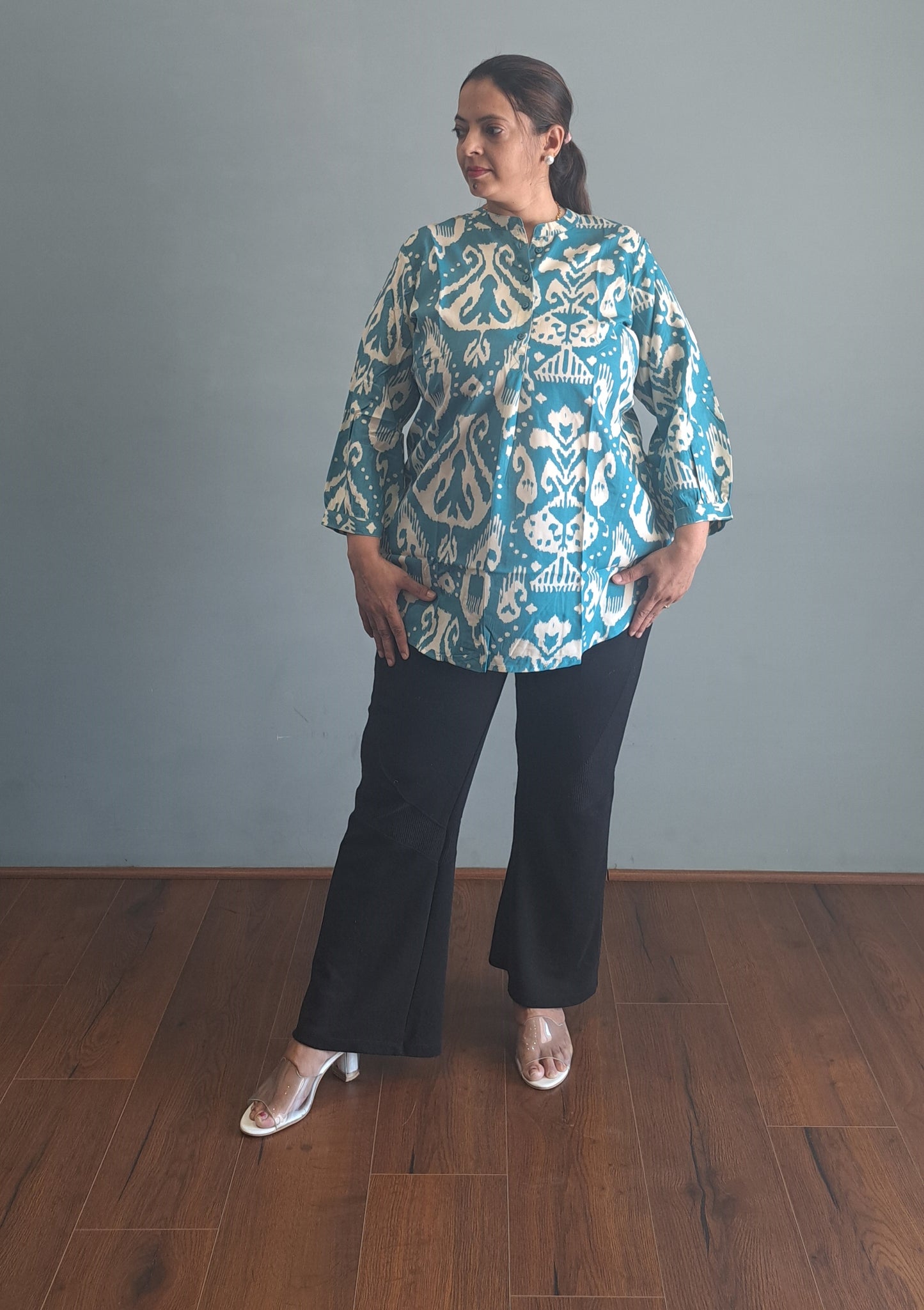 Azure Ikkat : Sky blue ikkat print tunic