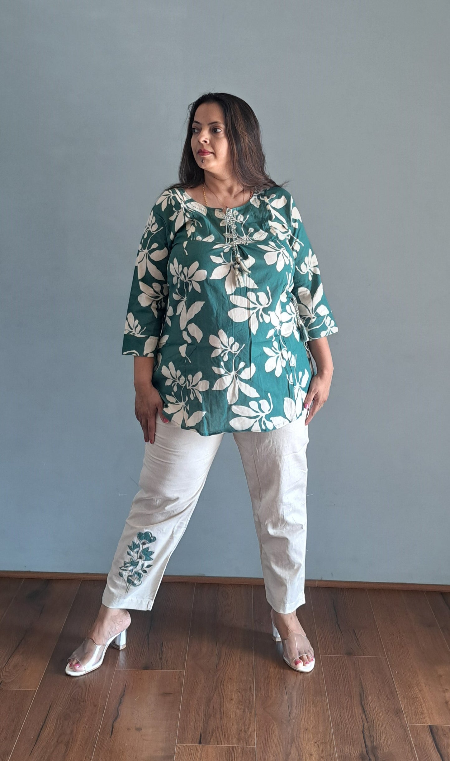 Green coords with thread work and patch work on pant