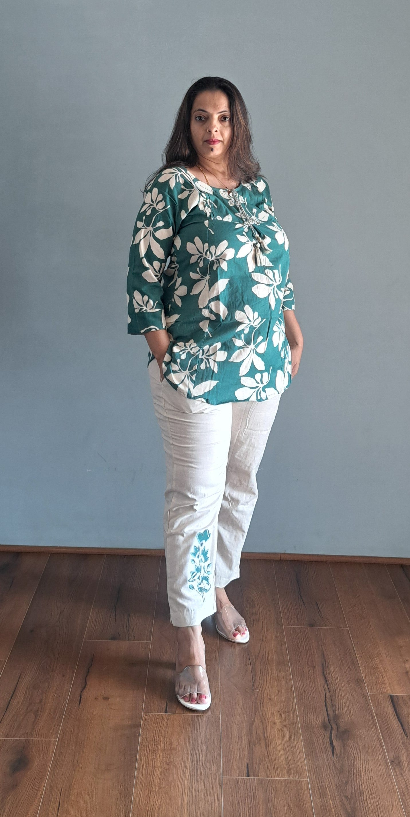 Green coords with thread work and patch work on pant