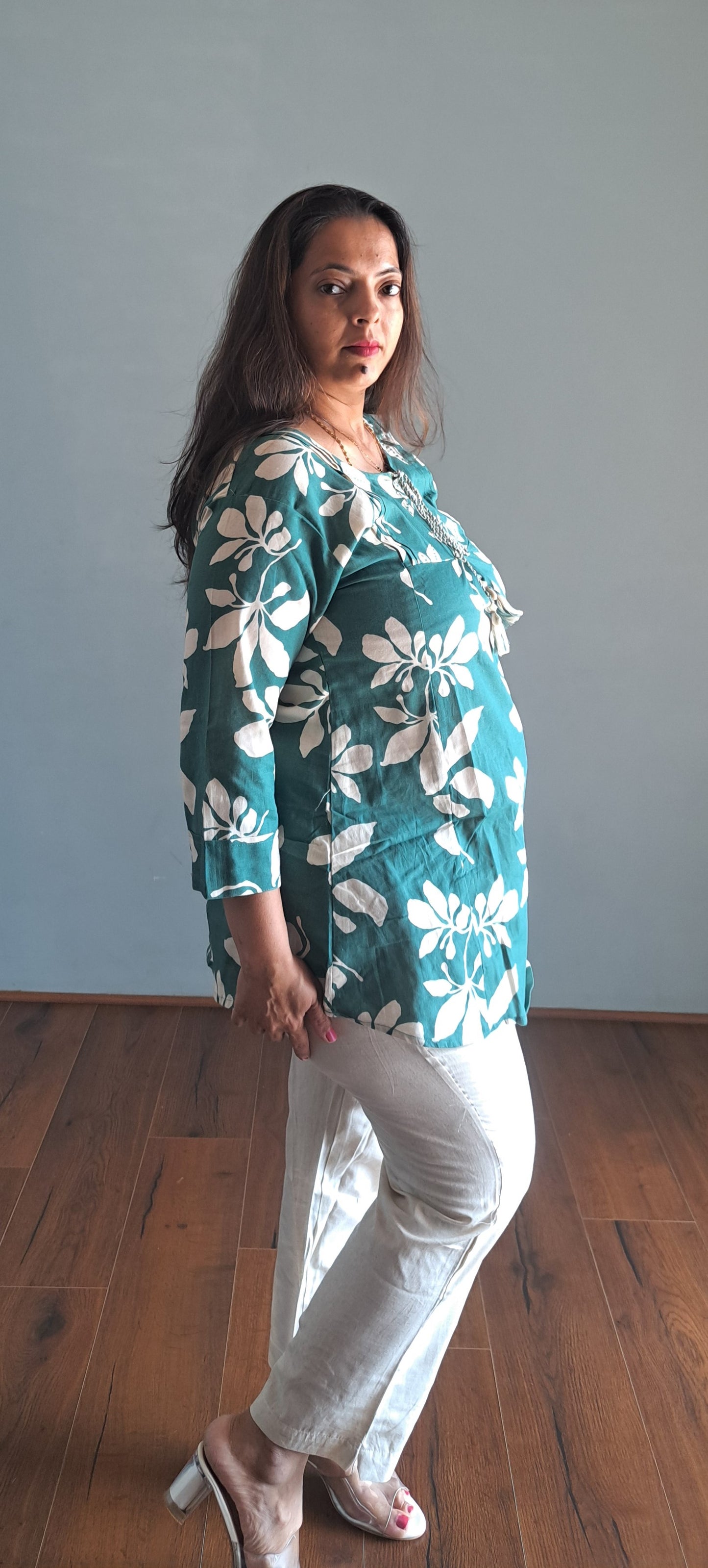 Green coords with thread work and patch work on pant