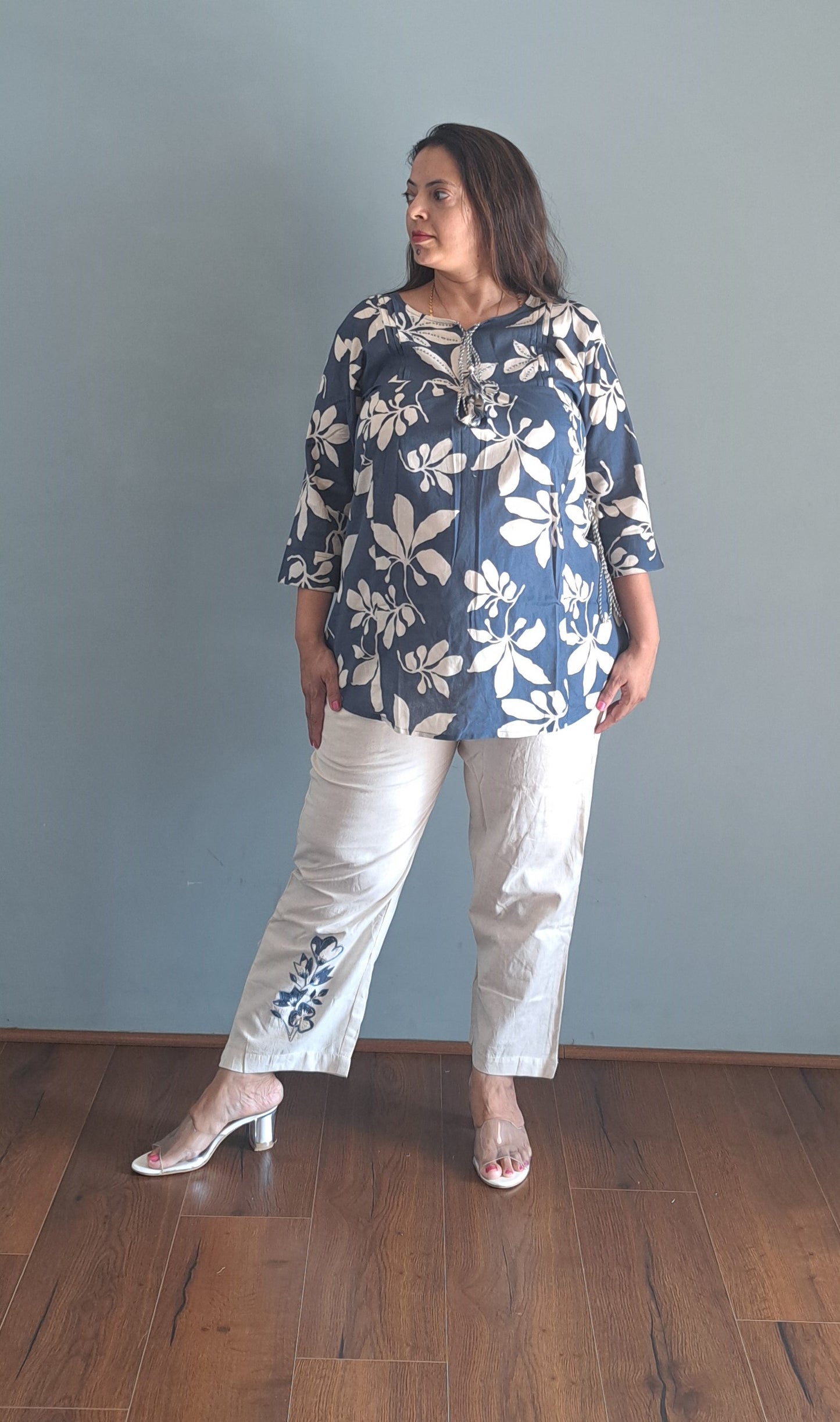 Blue coords with thread work and patch work on pant