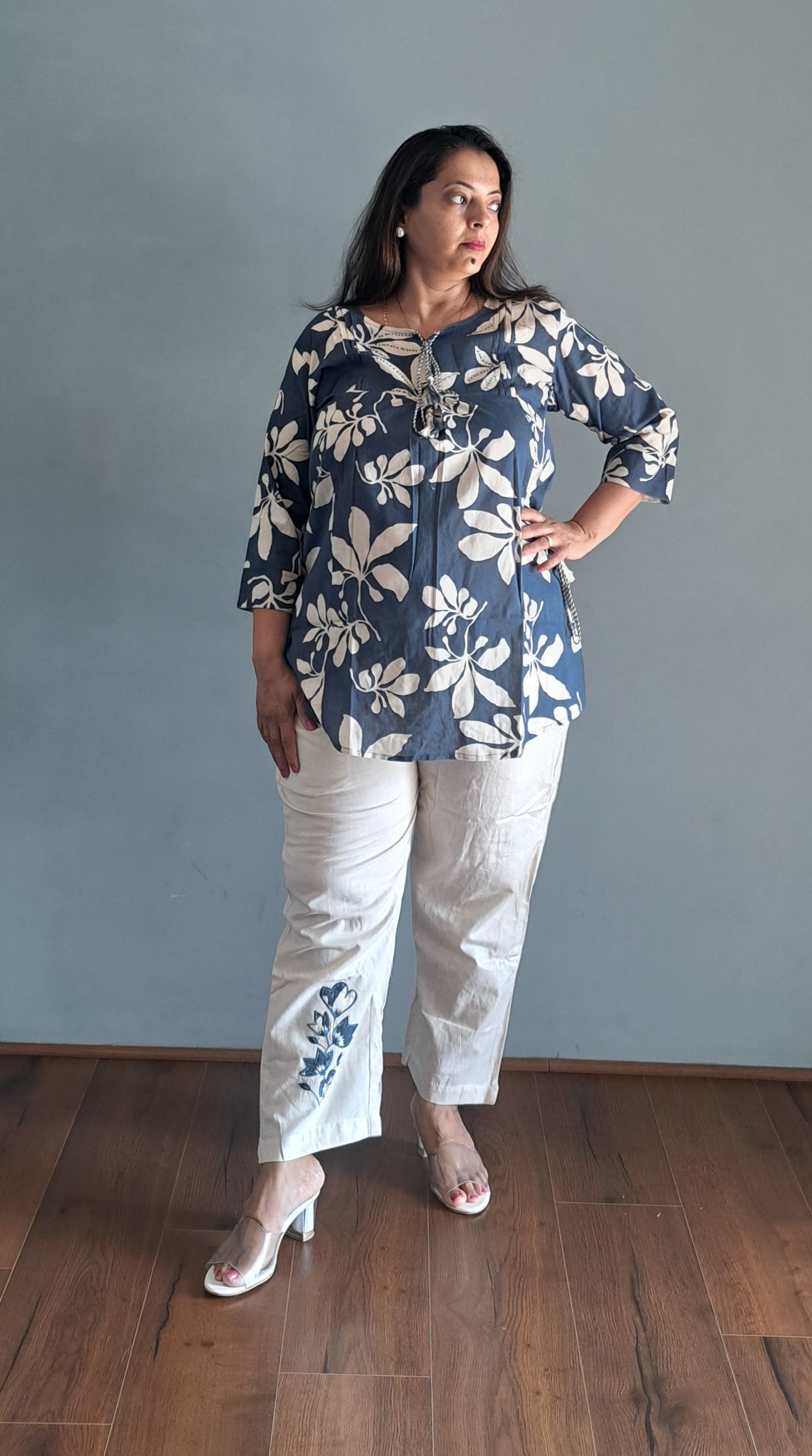 Blue coords with thread work and patch work on pant