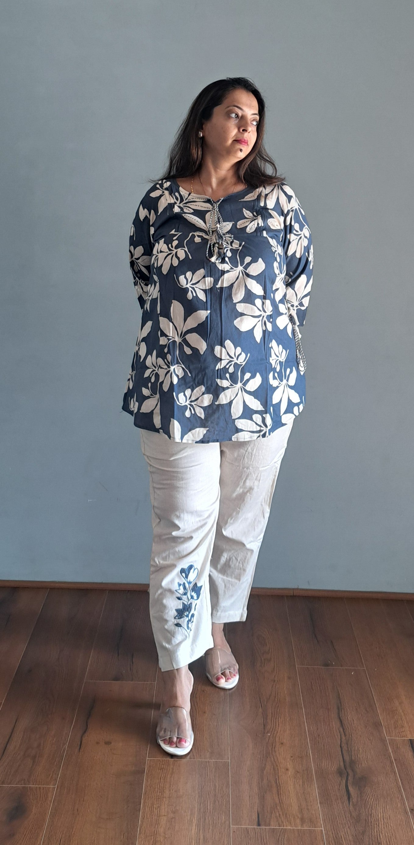 Blue coords with thread work and patch work on pant