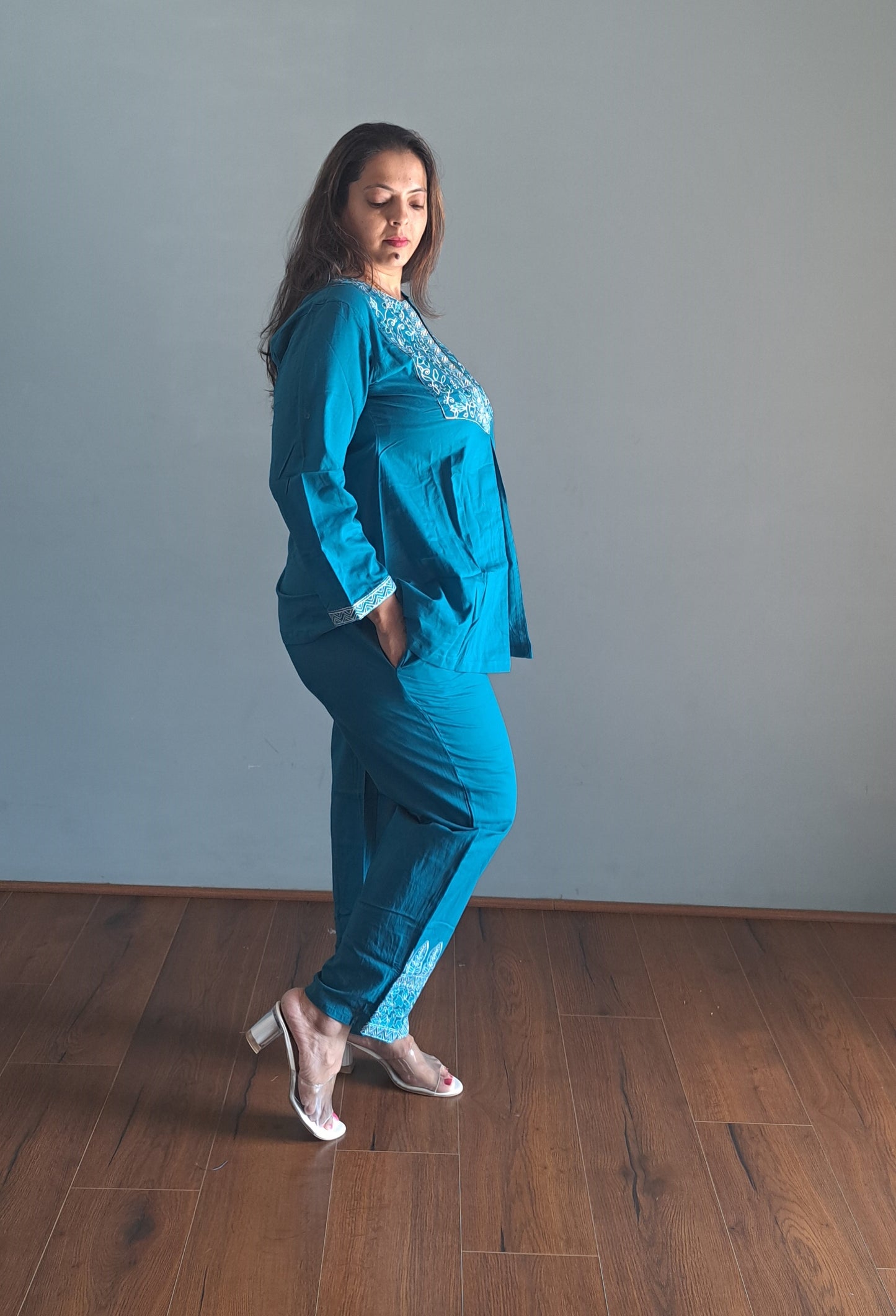 Teal Cotton Coords with embroidered