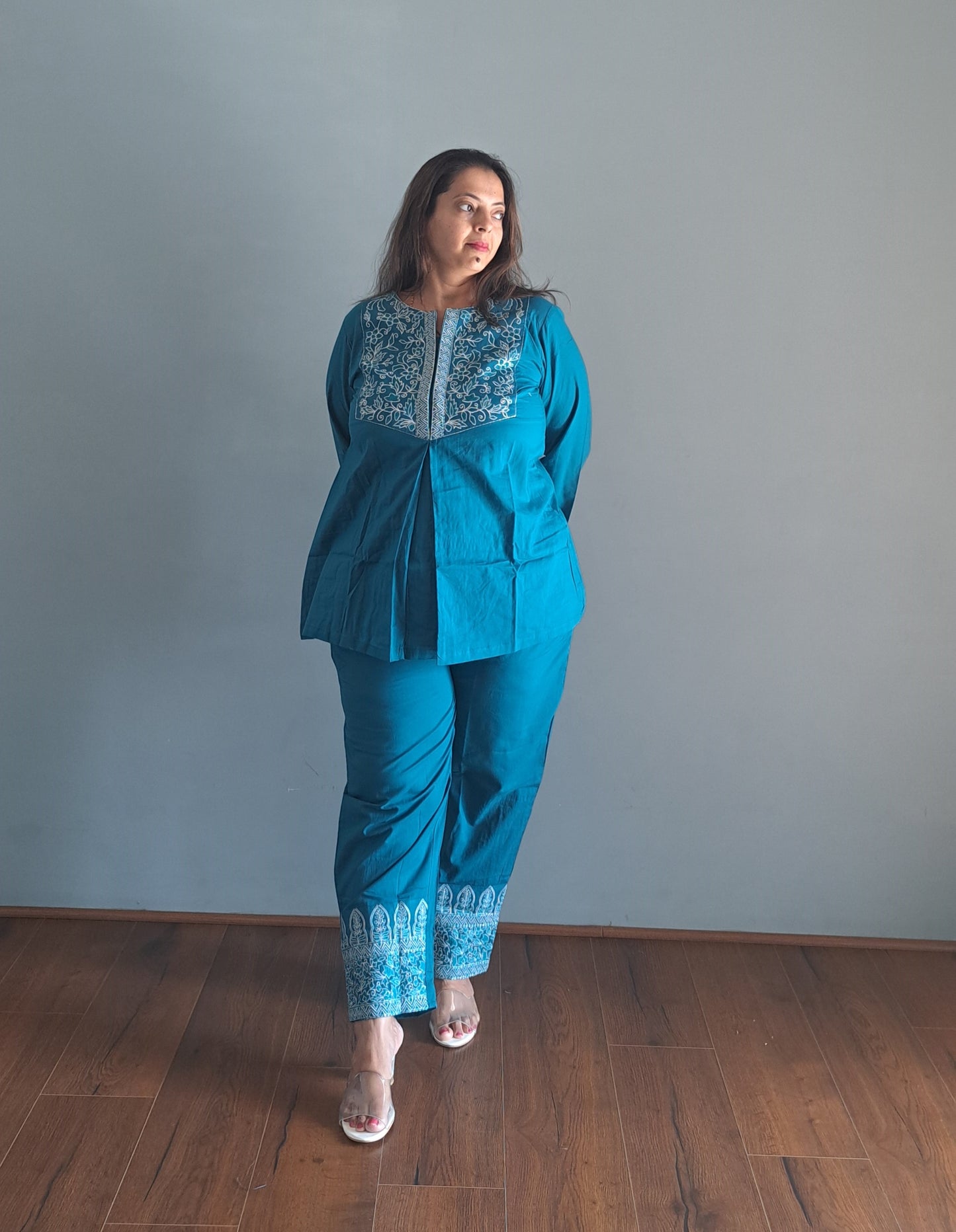 Teal Cotton Coords with embroidered