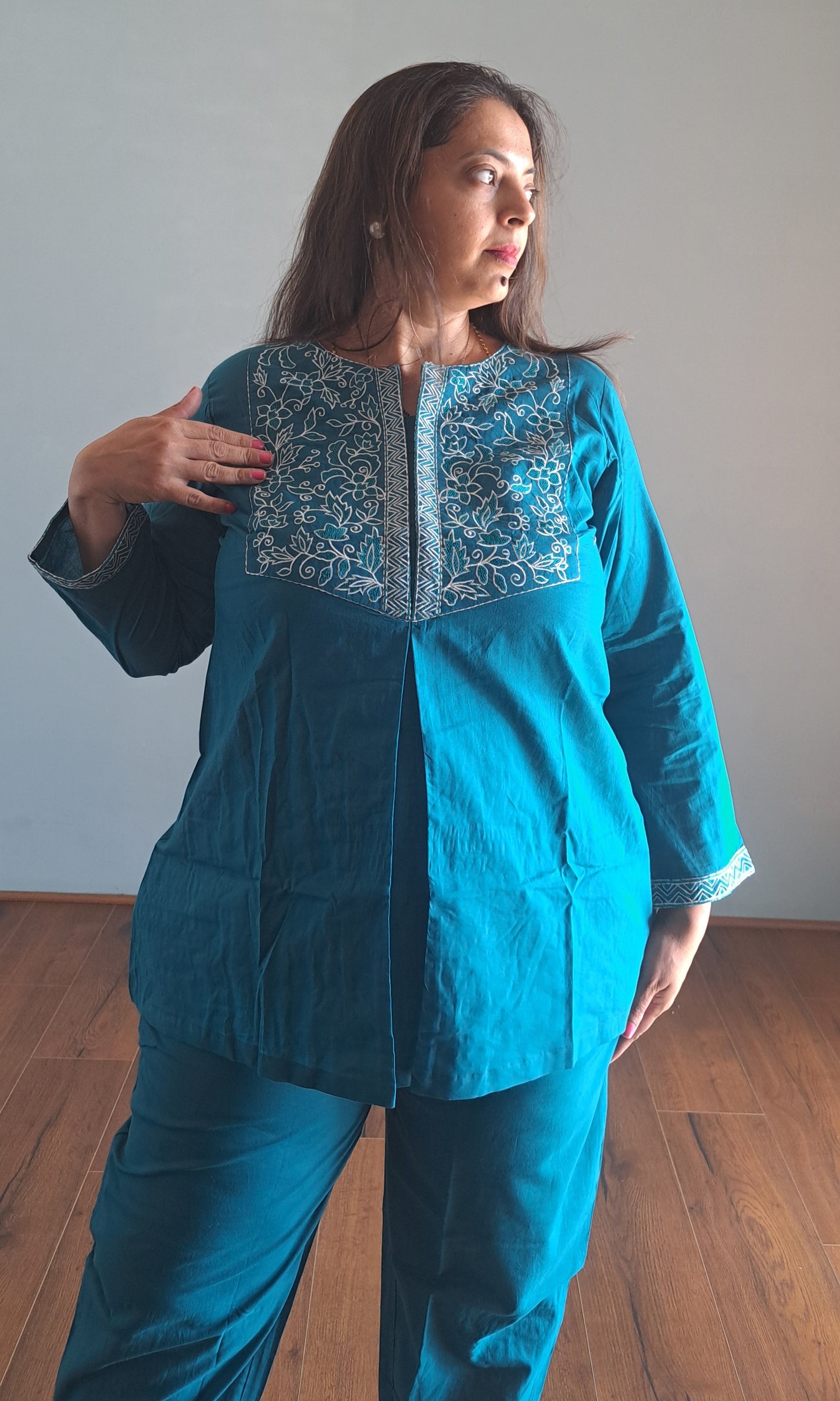 Teal Cotton Coords with embroidered