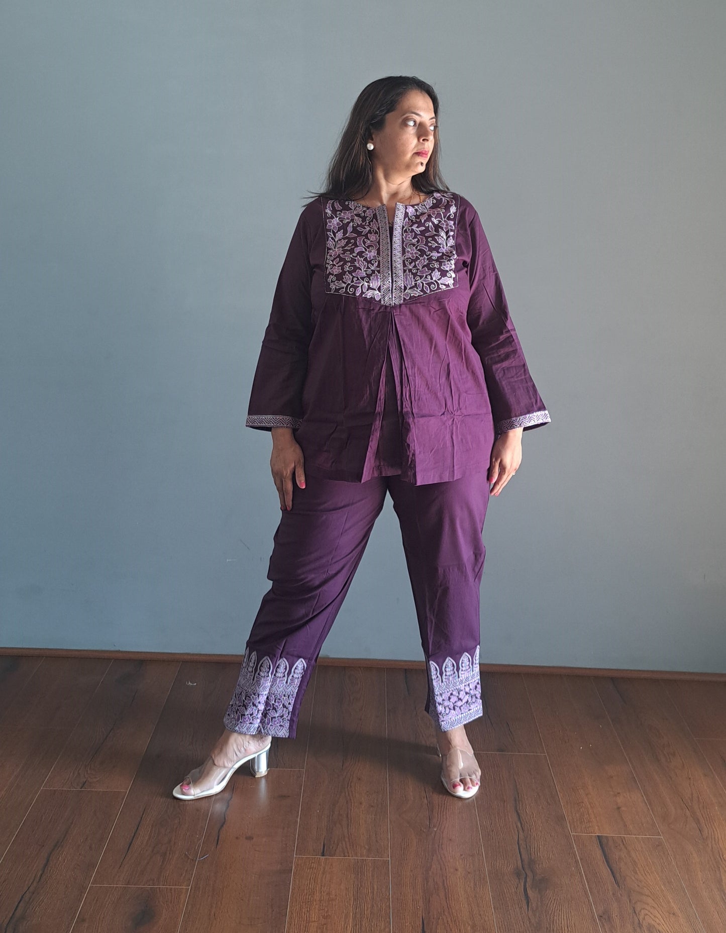 Dark purple Cotton Coords with embroidery