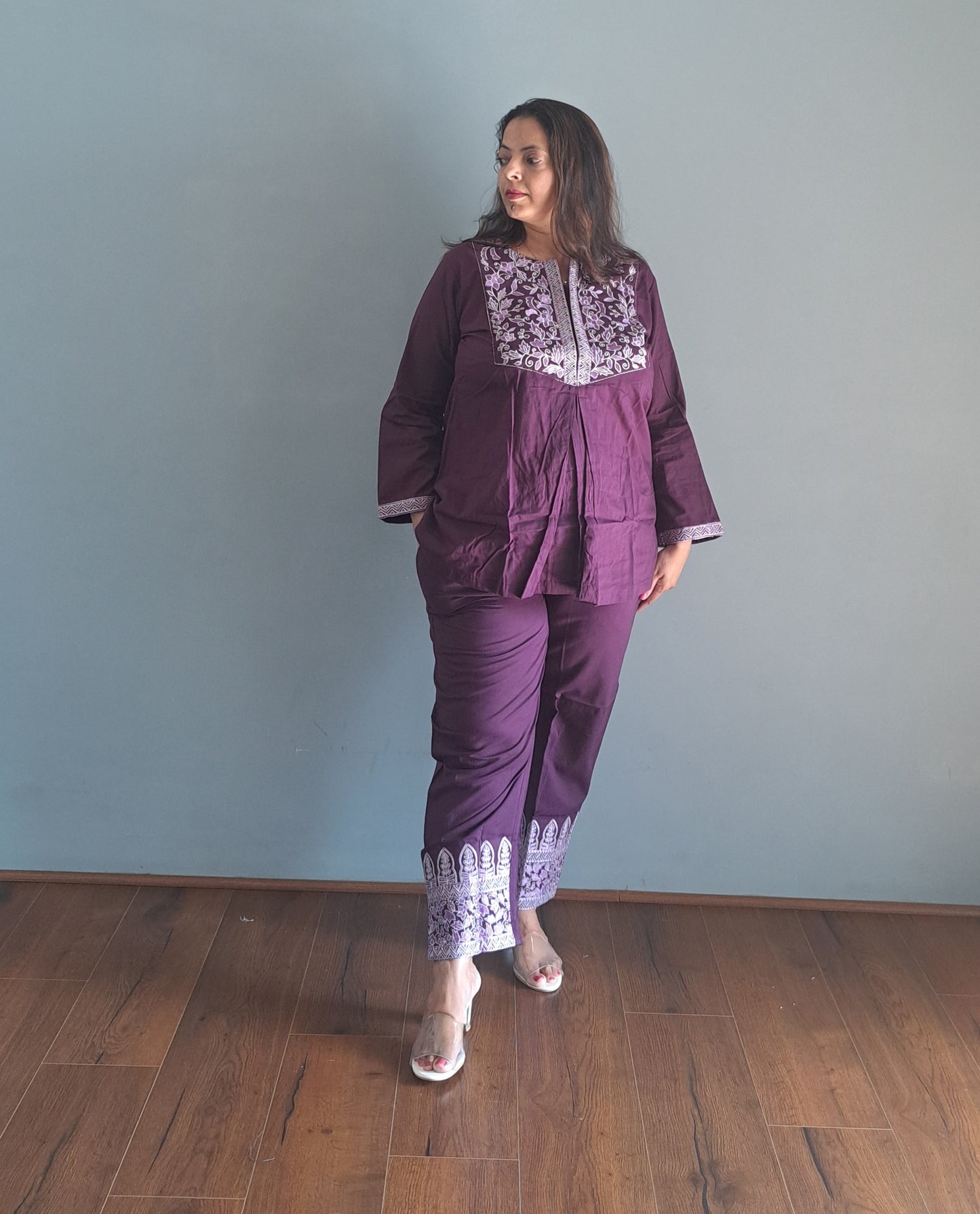 Dark purple Cotton Coords with embroidery