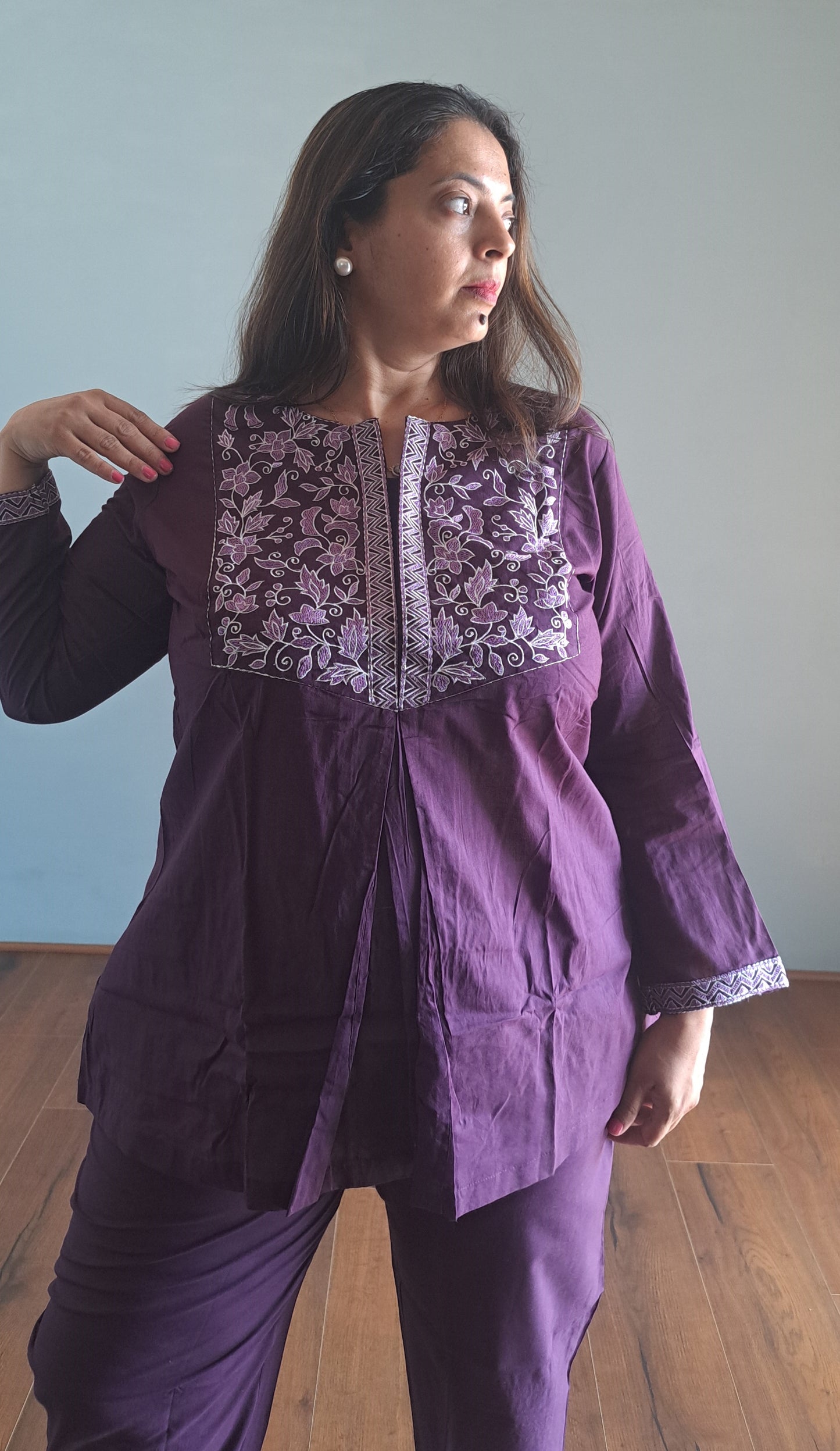 Dark purple Cotton Coords with embroidery