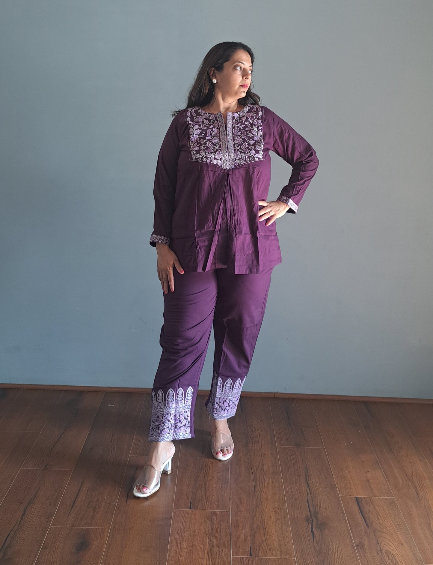 Dark purple Cotton Coords with embroidery