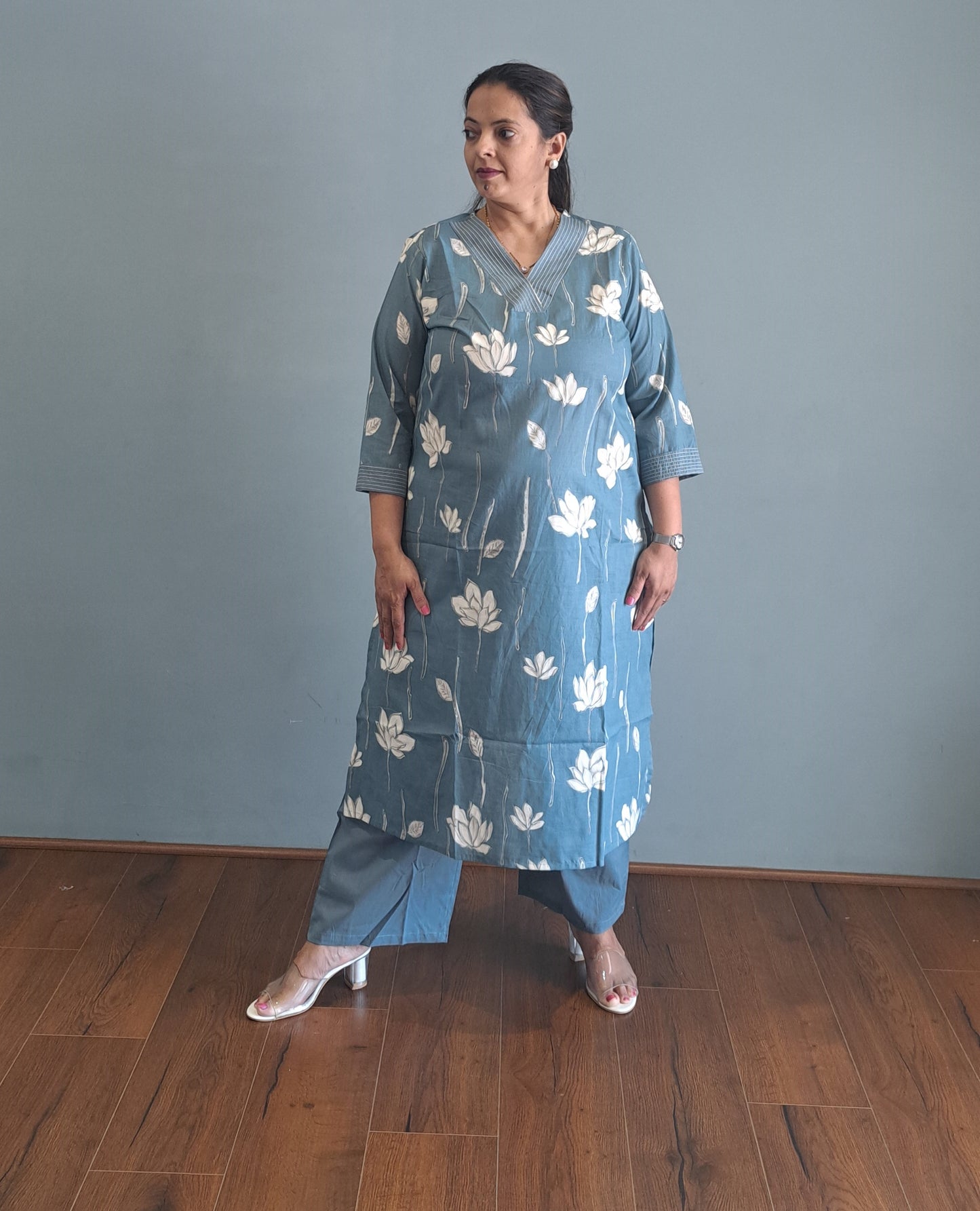 Blue Floral Cotton kurta pant