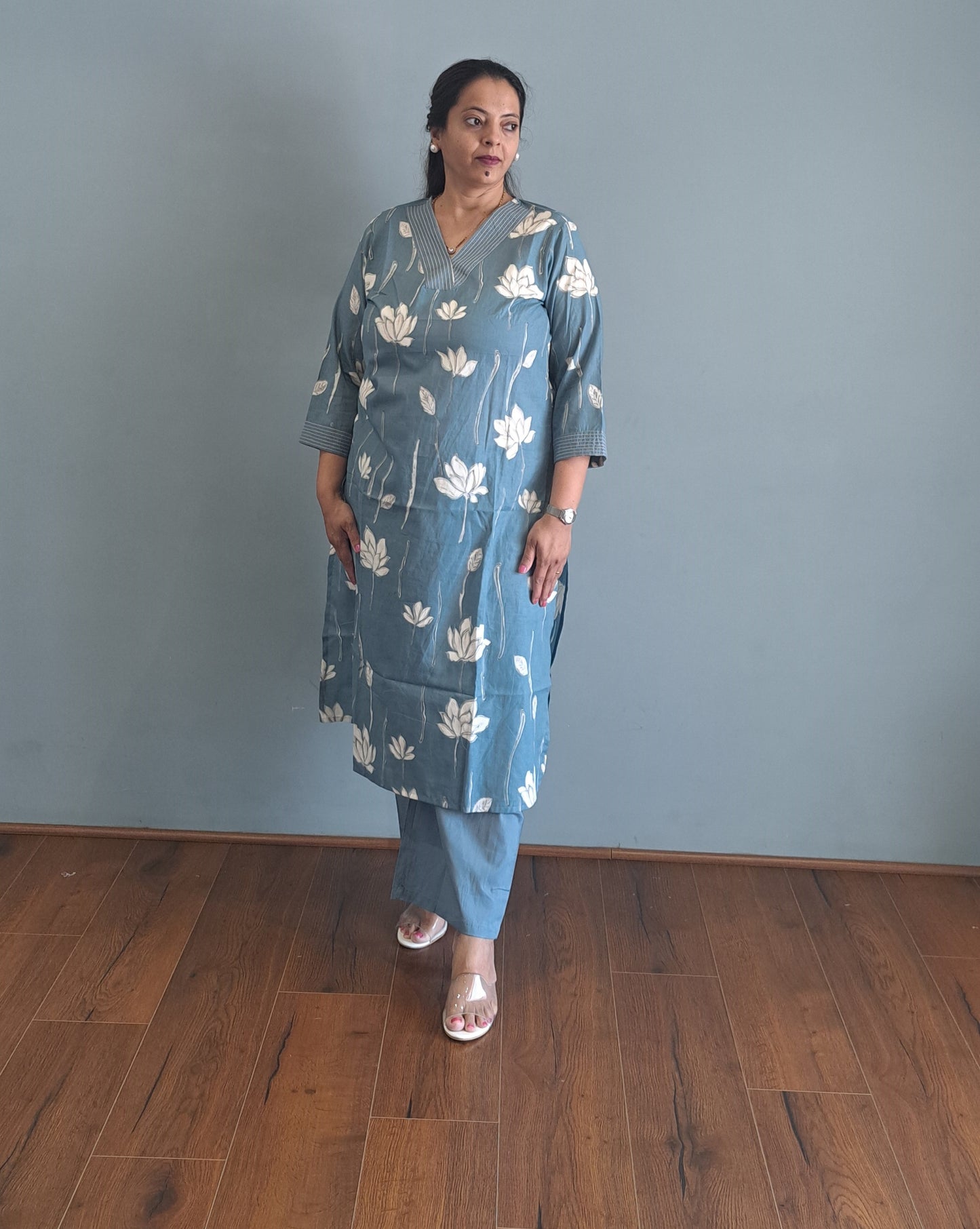 Blue Floral Cotton kurta pant