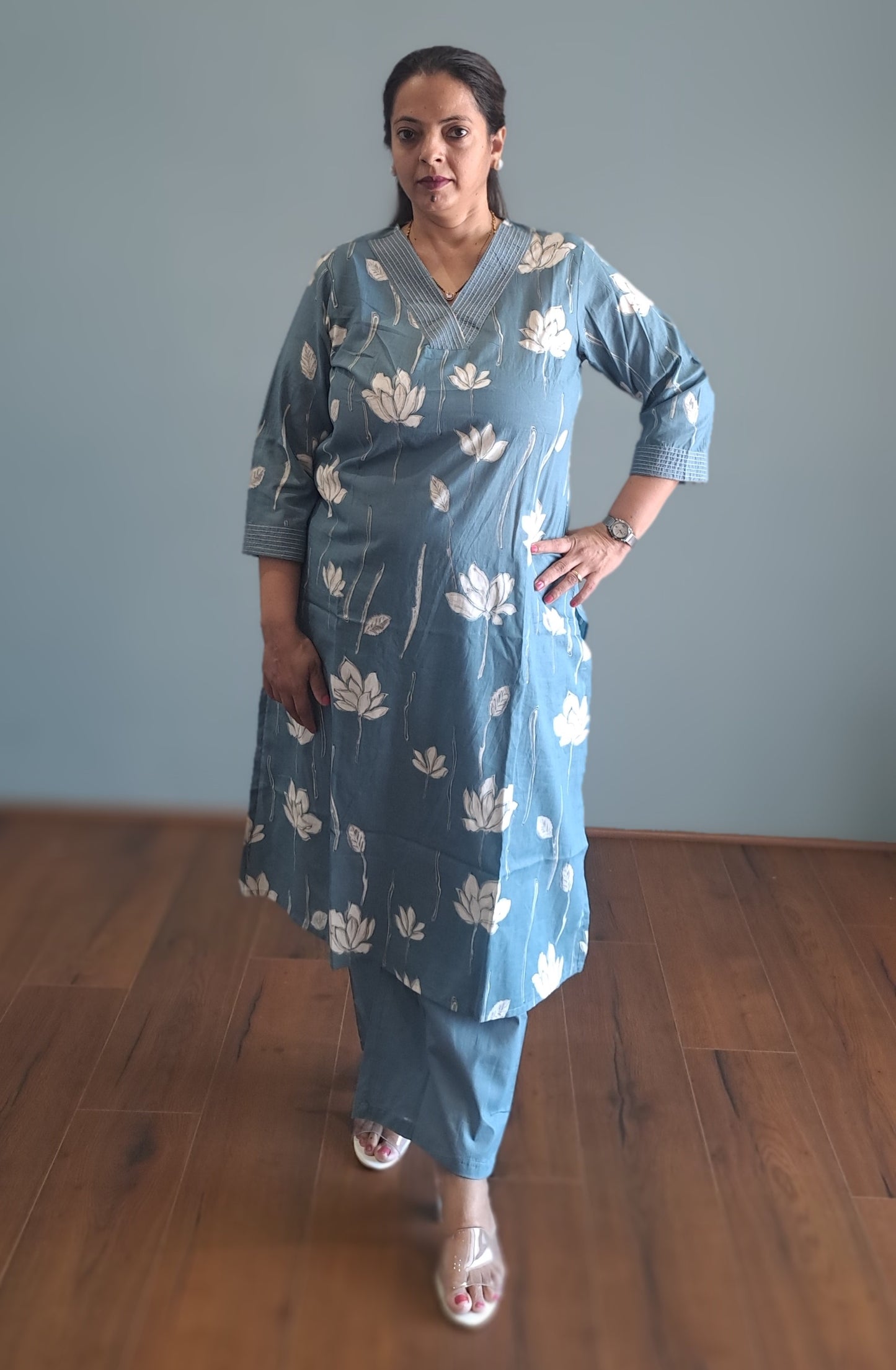 Blue Floral Cotton kurta pant
