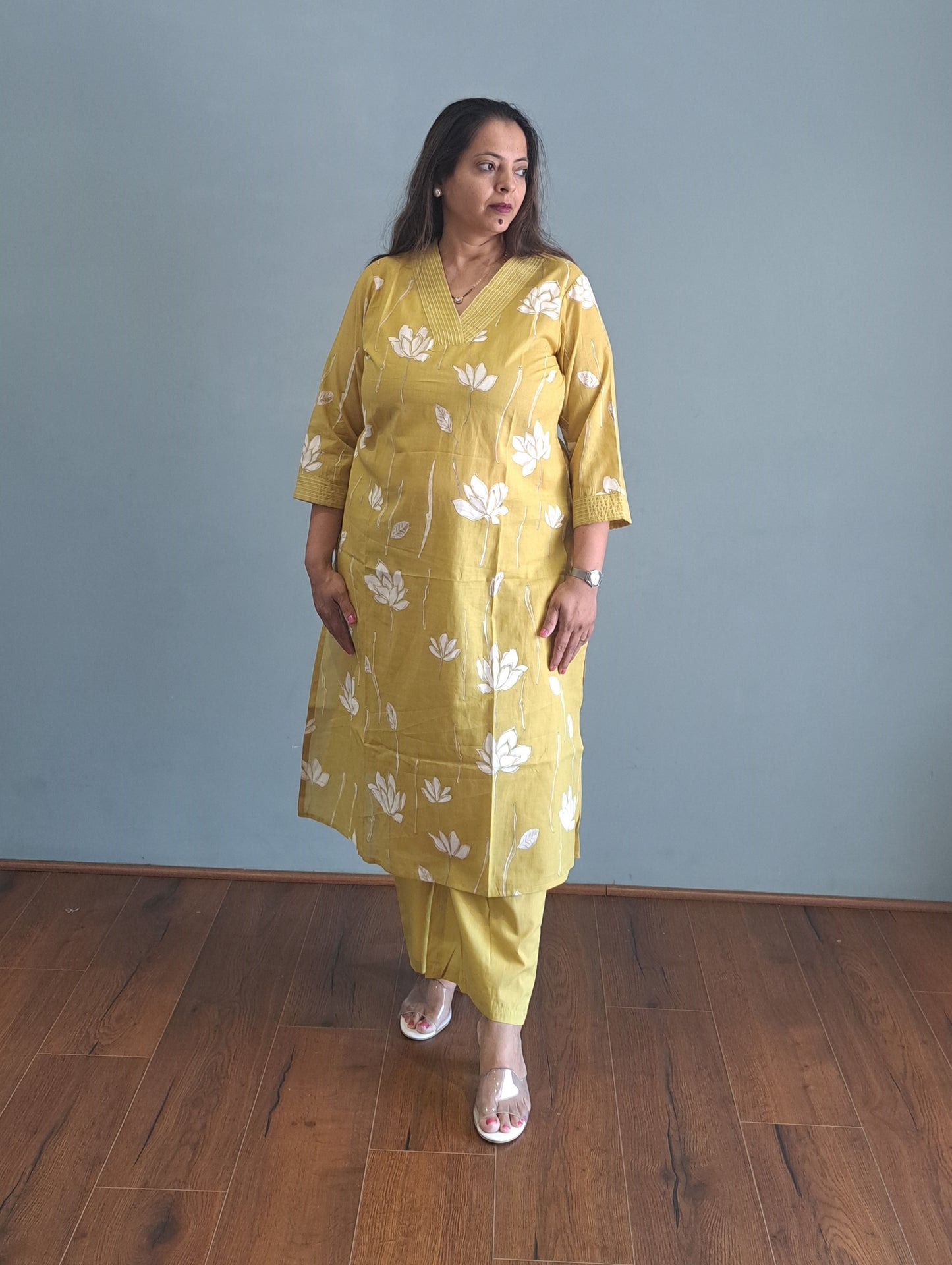 Yellow Floral Cotton kurta pant