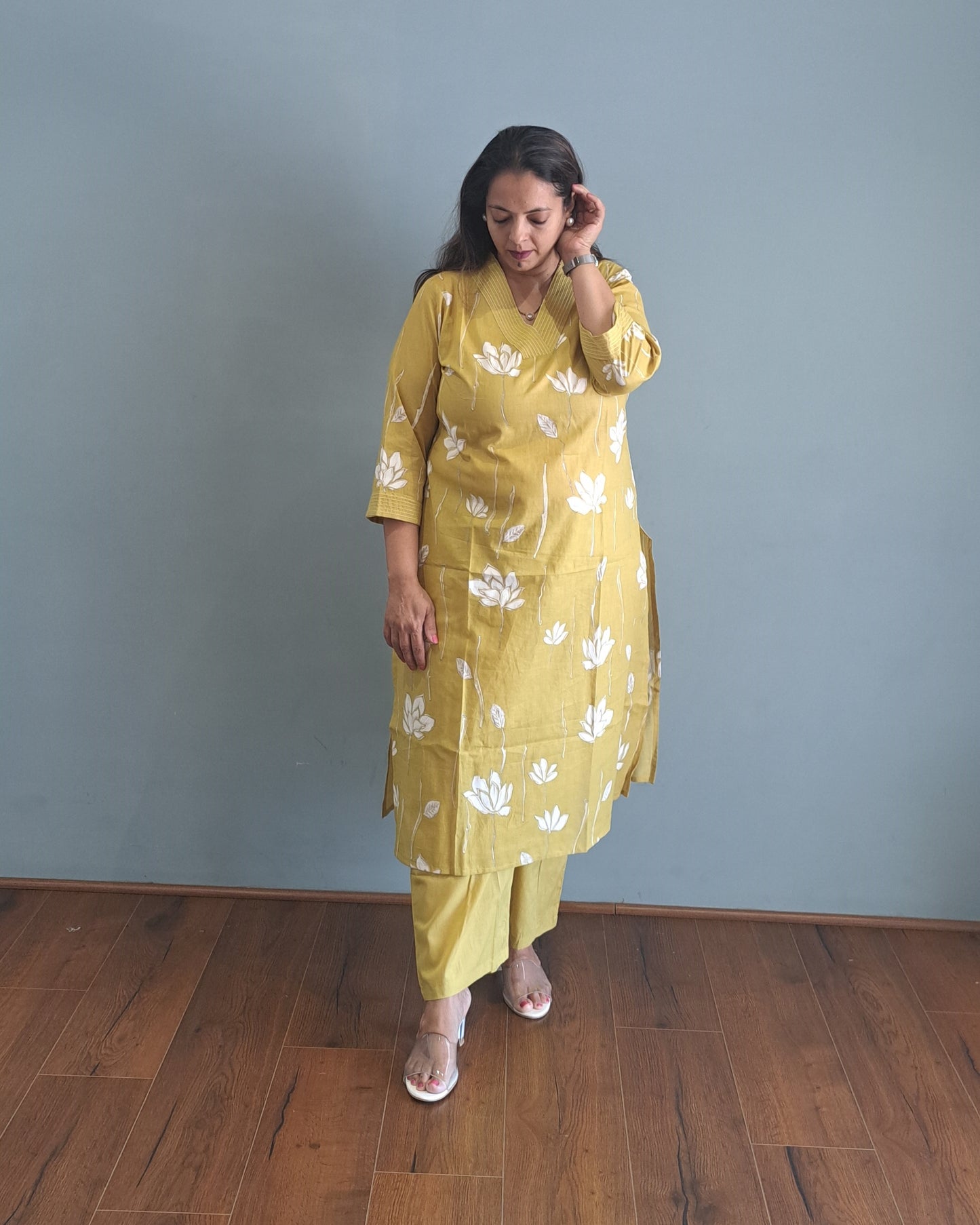 Yellow Floral Cotton kurta pant