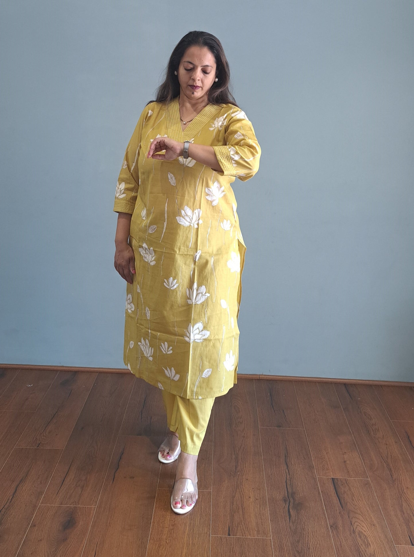 Yellow Floral Cotton kurta pant