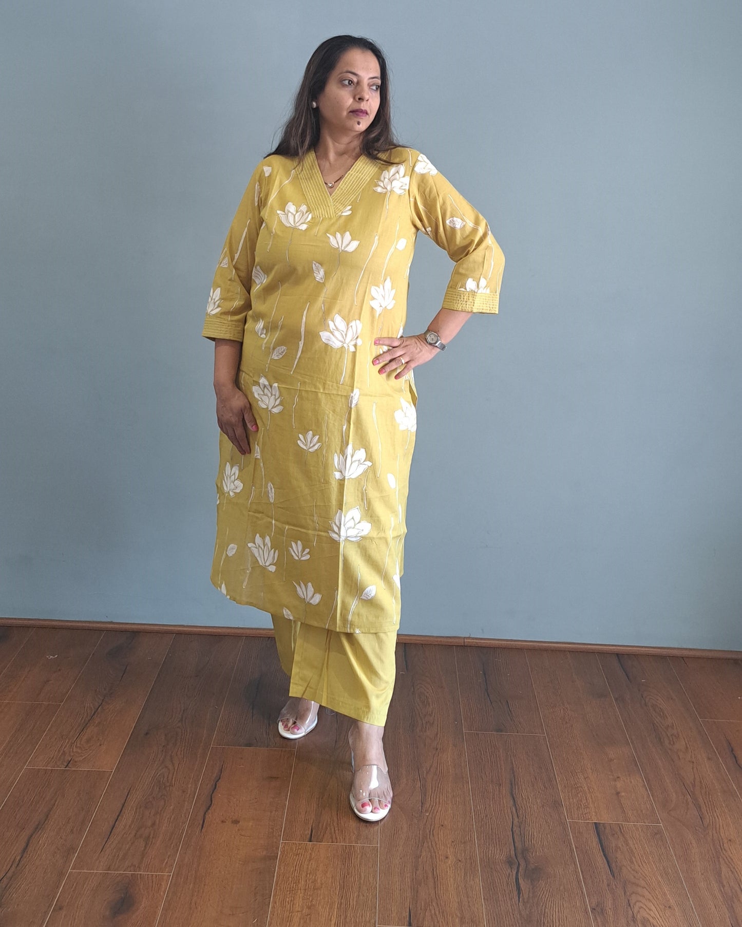 Yellow Floral Cotton kurta pant