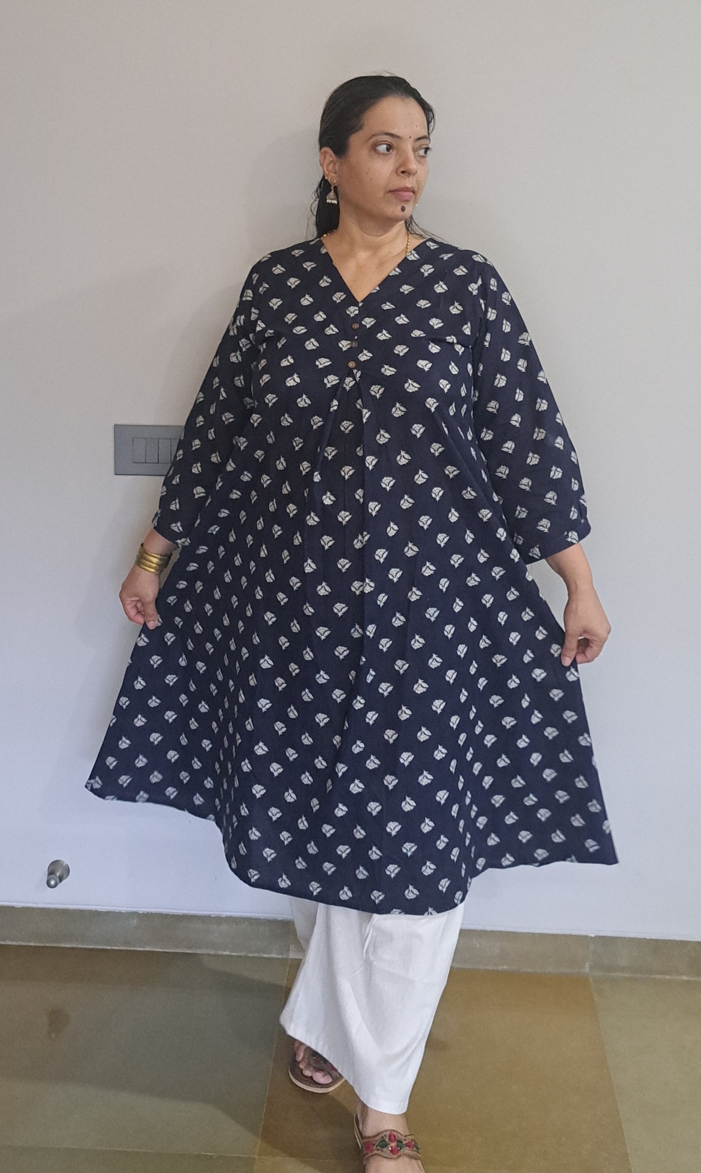 Navy blue khadi cotton kurta with palazzo