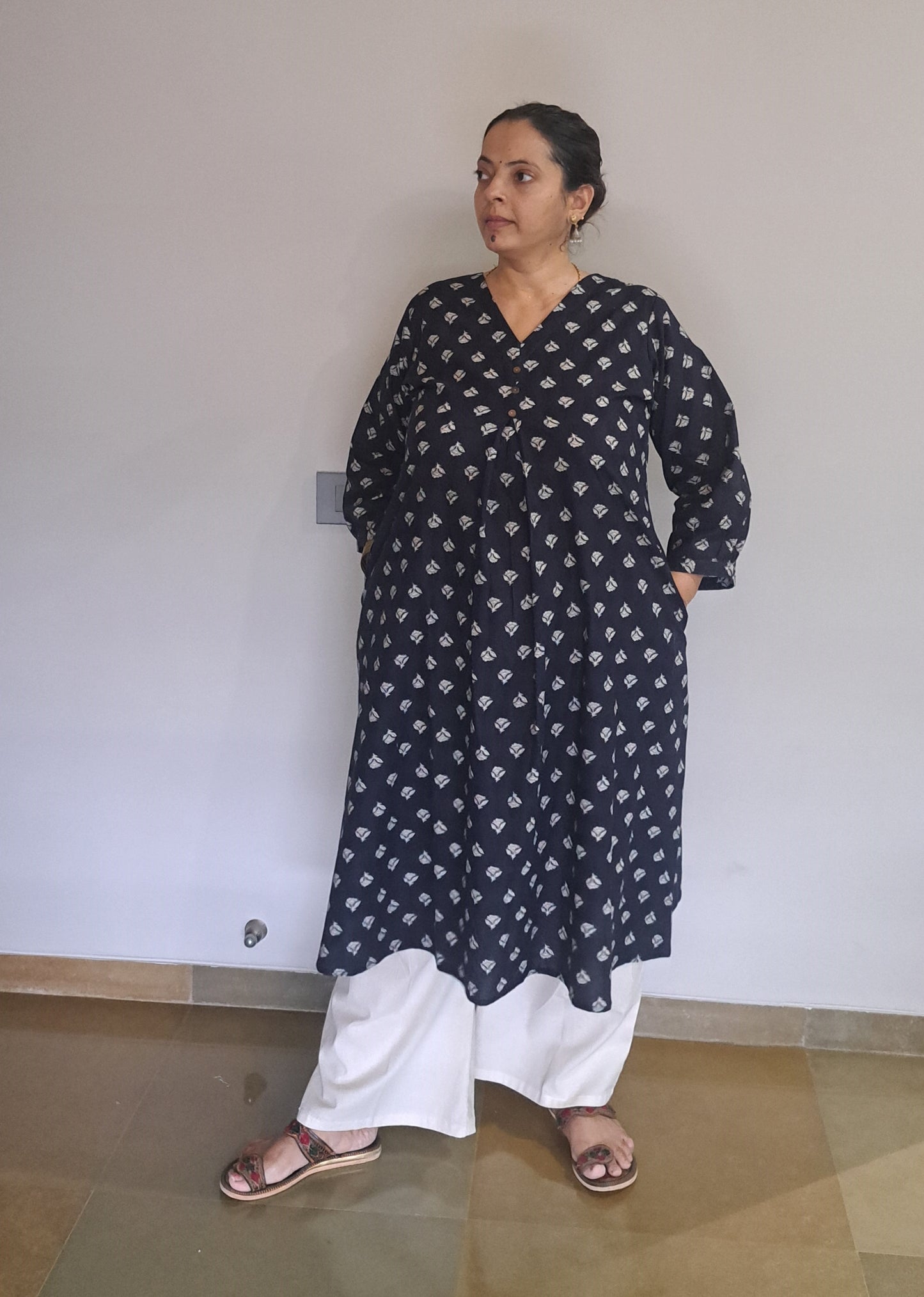 Navy blue khadi cotton kurta with palazzo