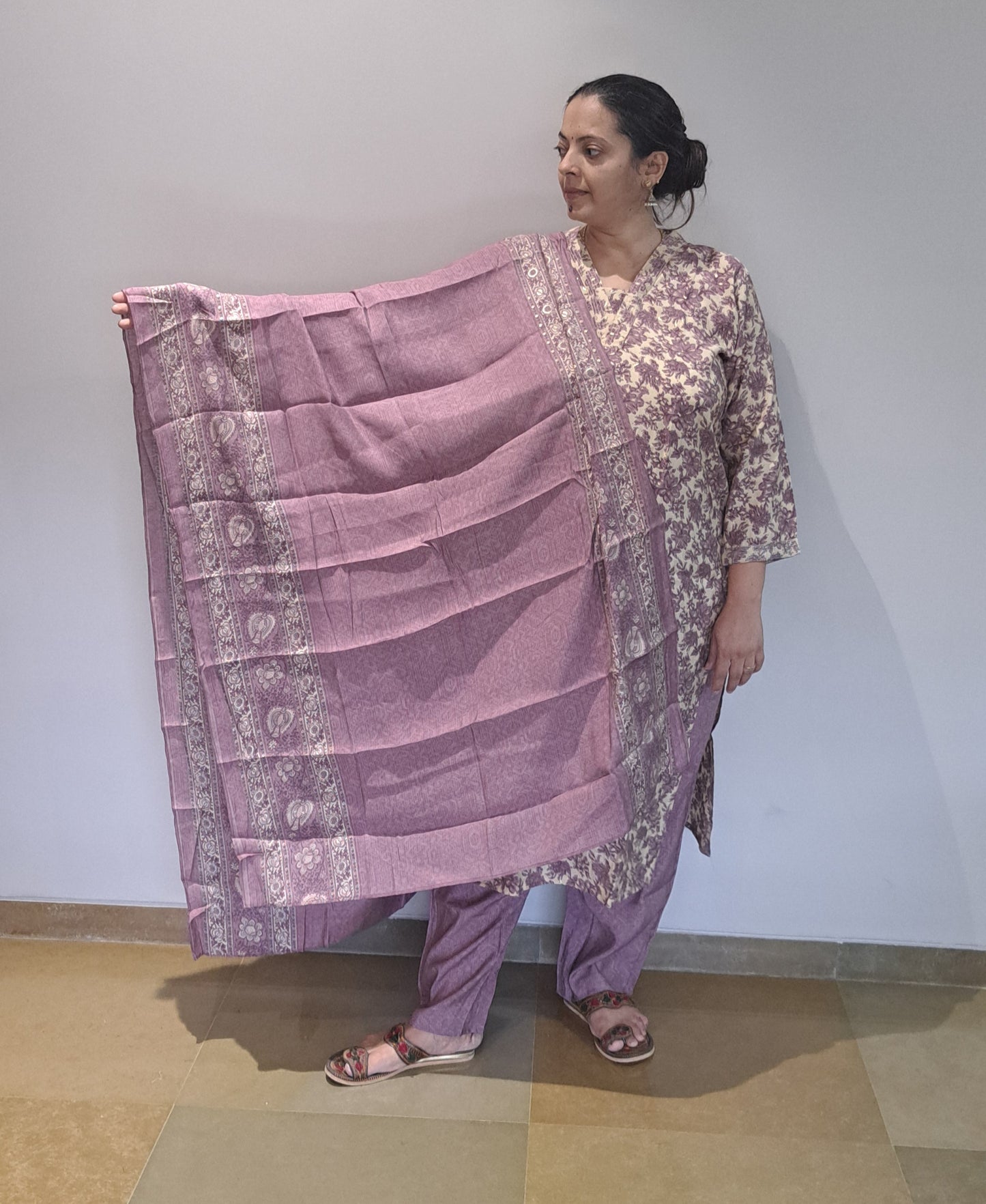 Lavender Floral silk suit with dupatta