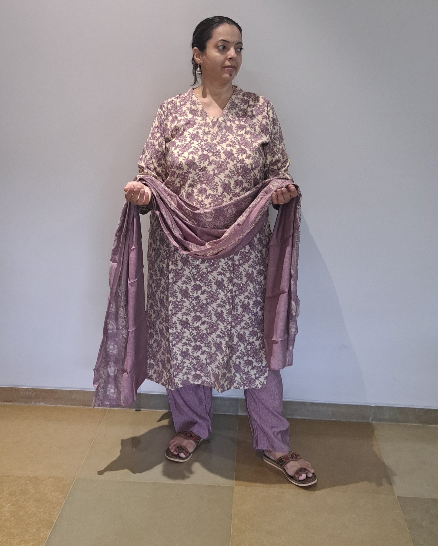 Lavender Floral silk suit with dupatta