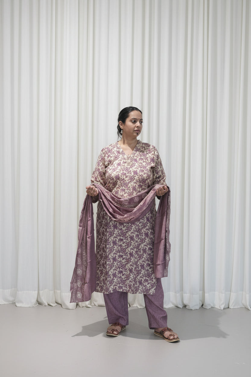 Lavender Floral silk suit with dupatta