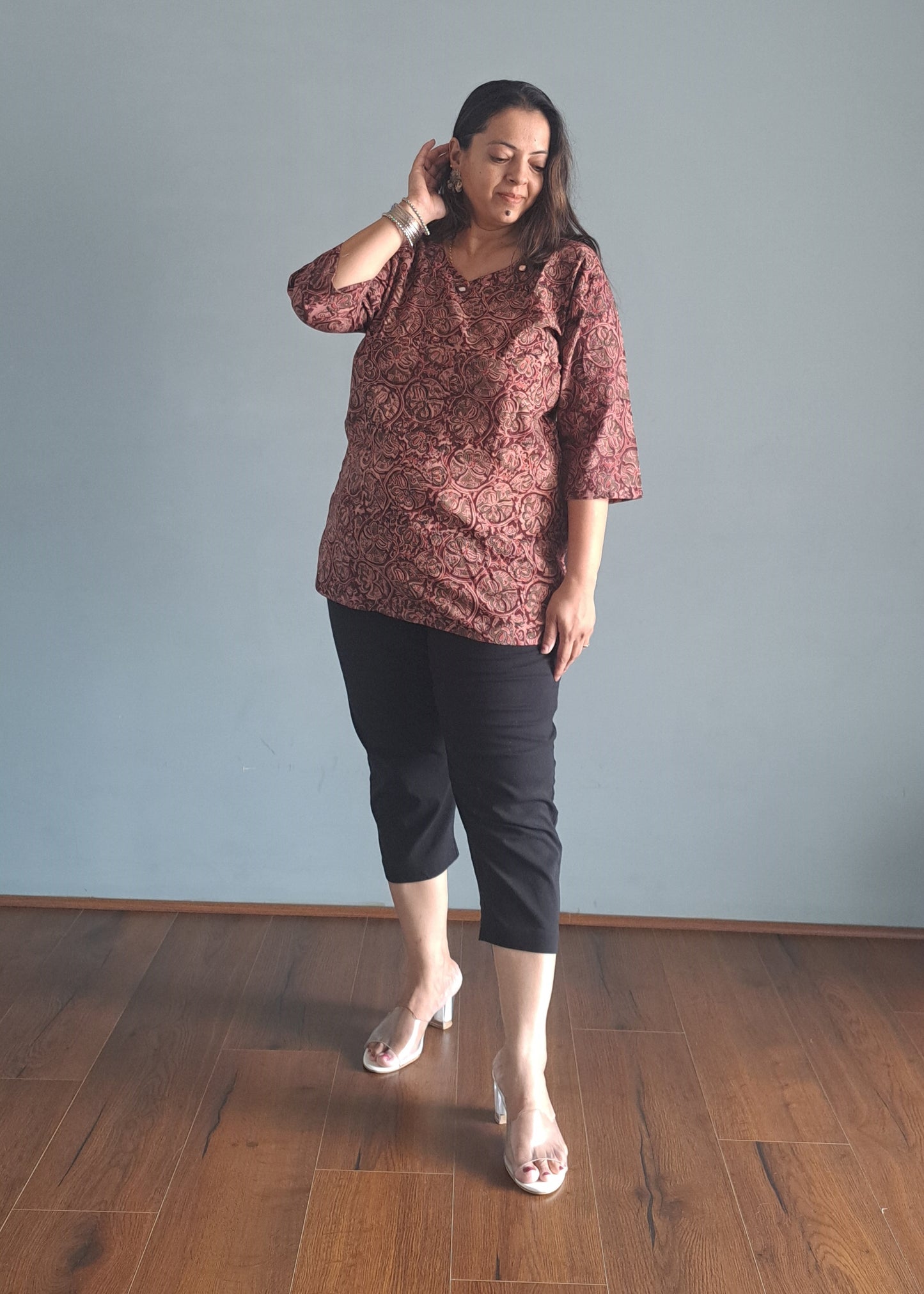 Maroon Kalamkari cotton Short top with mirror work