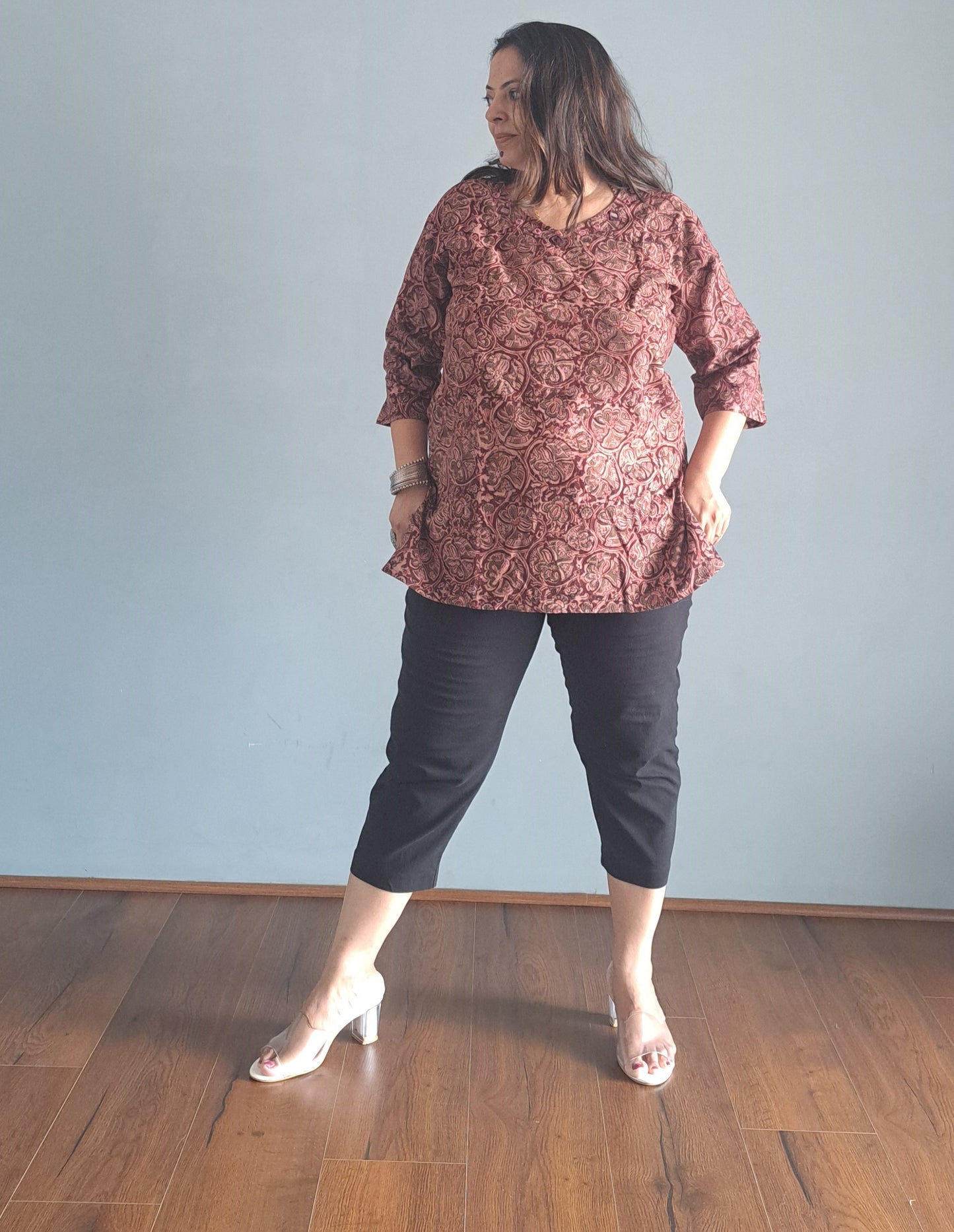 Maroon Kalamkari cotton Short top with mirror work