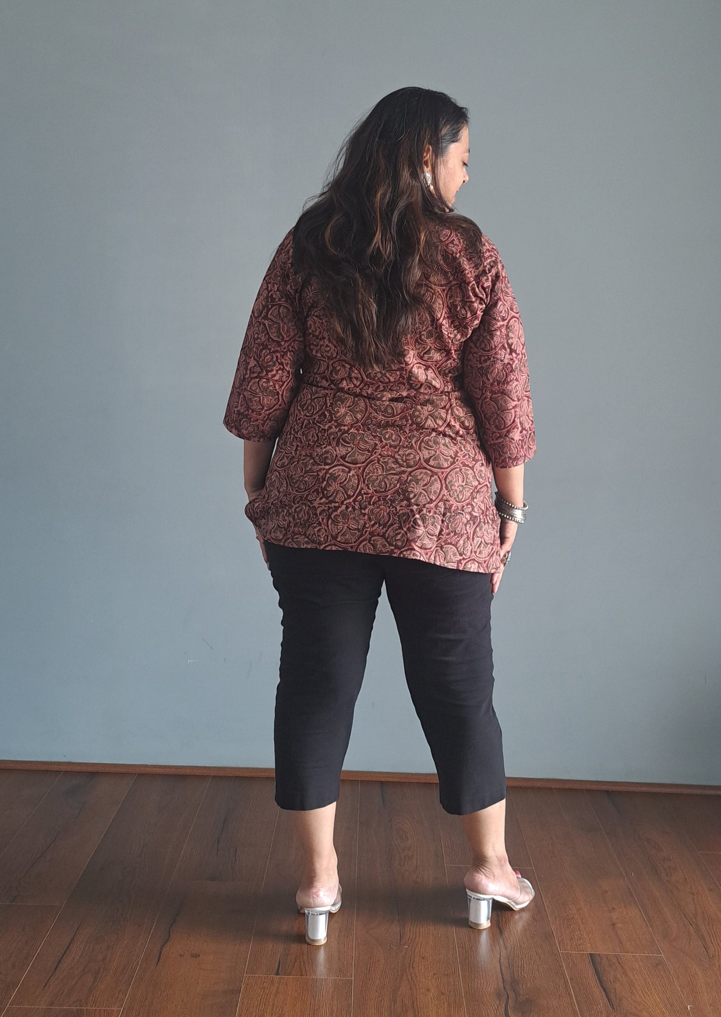 Maroon Kalamkari cotton Short top with mirror work