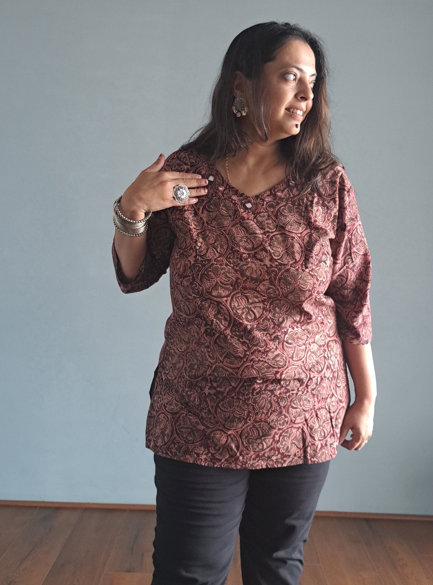 Maroon Kalamkari cotton Short top with mirror work