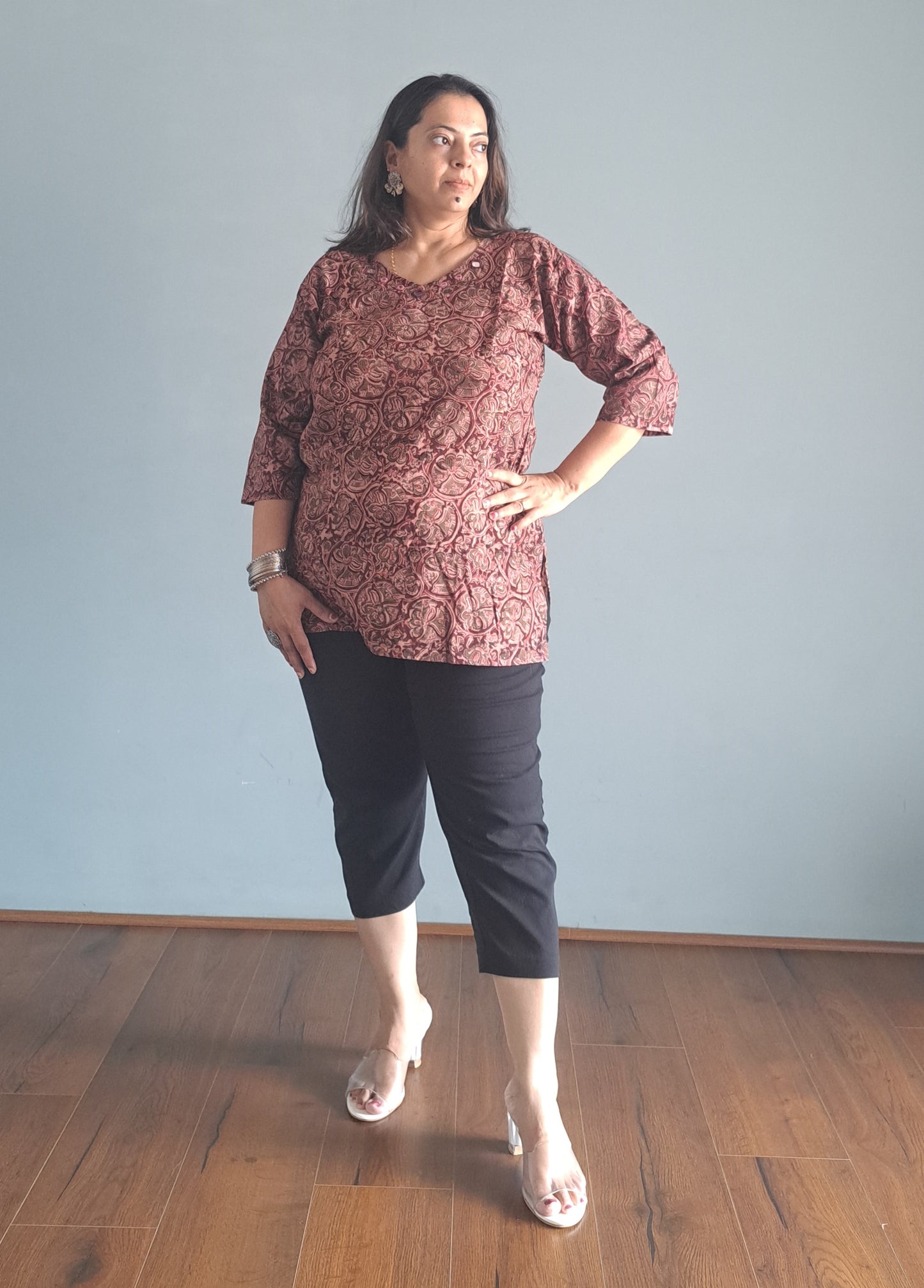 Maroon Kalamkari cotton Short top with mirror work