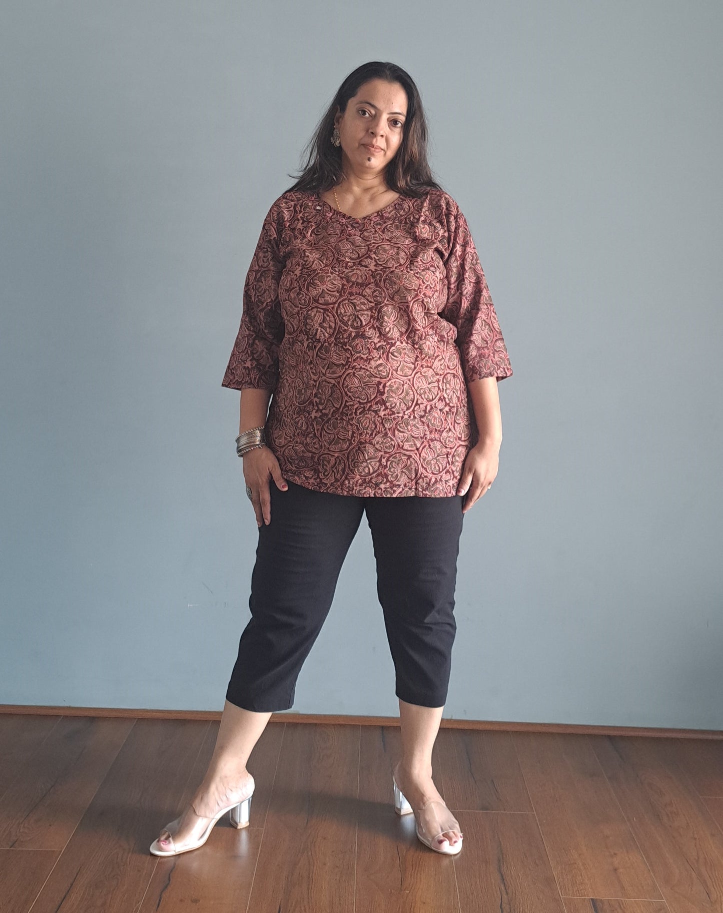 Maroon Kalamkari cotton Short top with mirror work