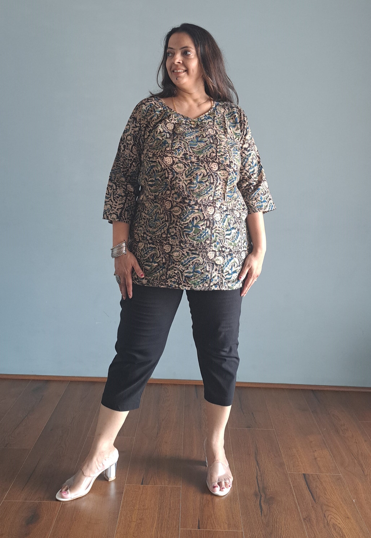 Blue and black Kalamkari cotton Short top with mirror work