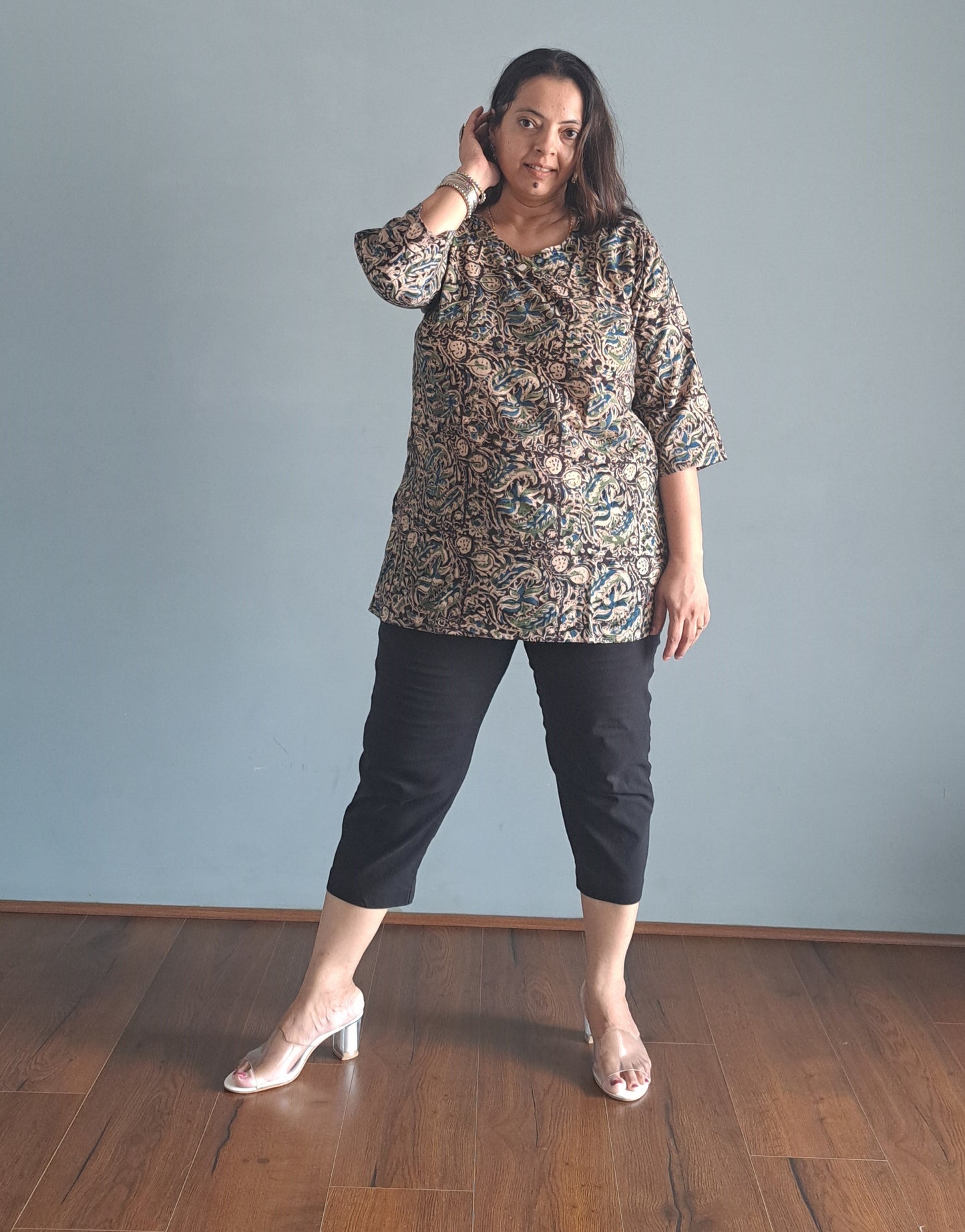 Blue and black Kalamkari cotton Short top with mirror work