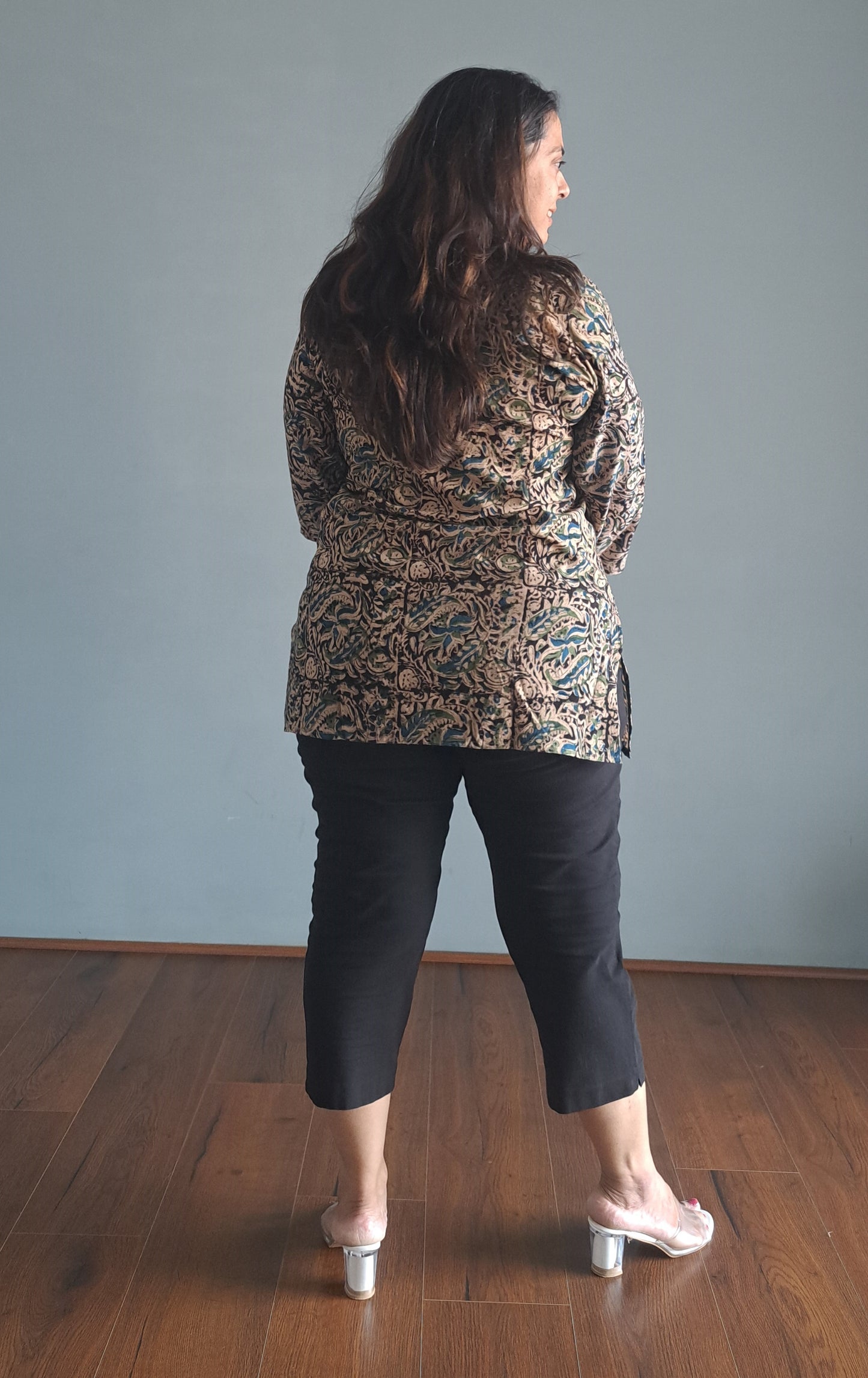 Blue and black Kalamkari cotton Short top with mirror work