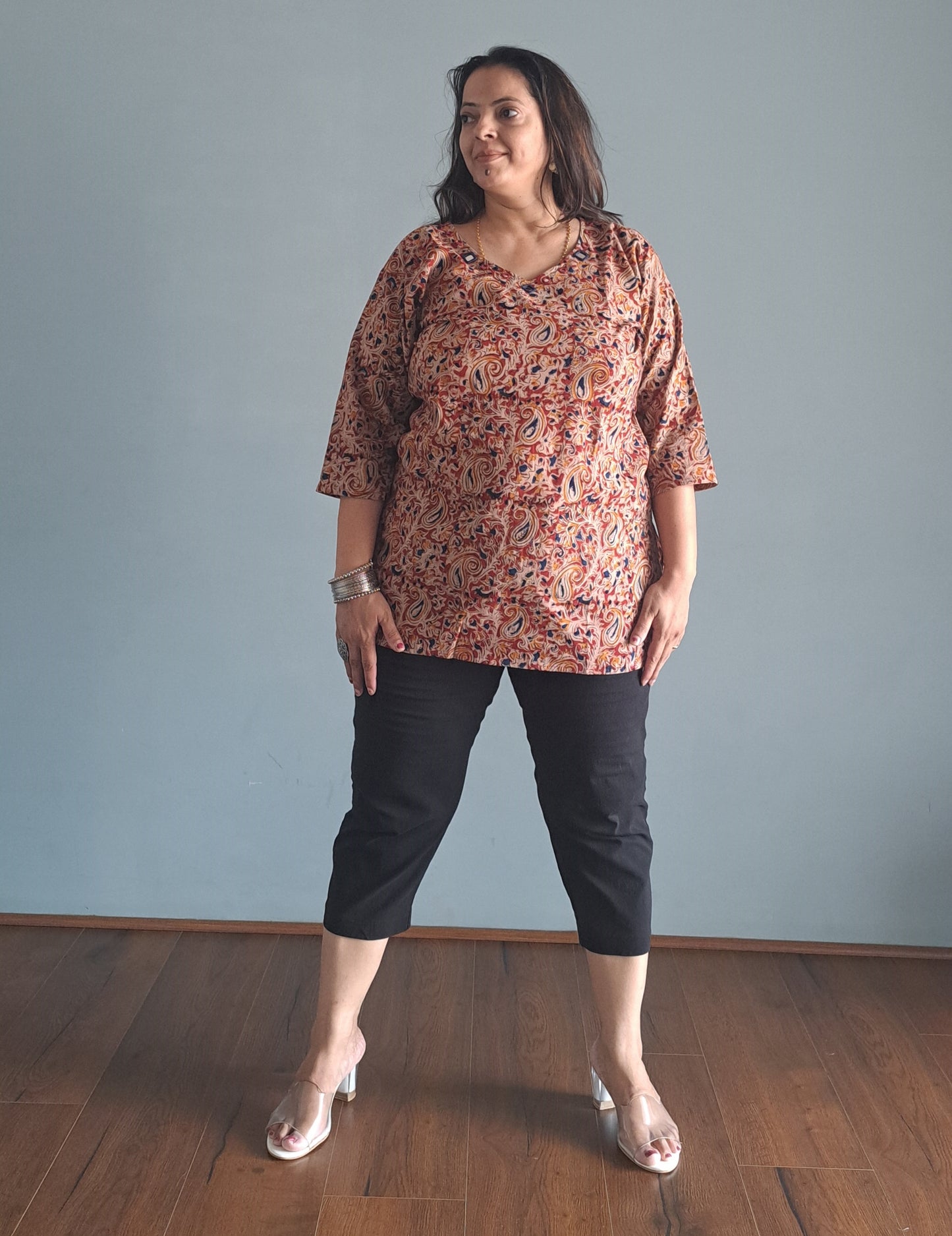 Mustered Kalamkari Short top with mirror work