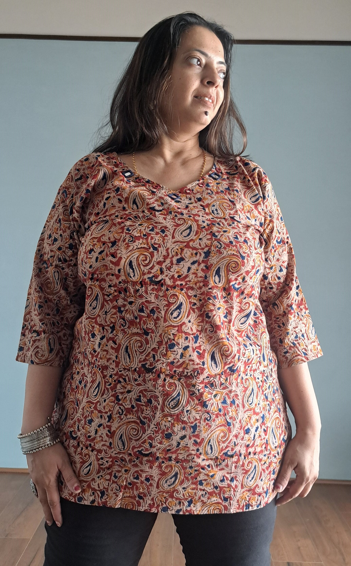 Mustered Kalamkari Short top with mirror work