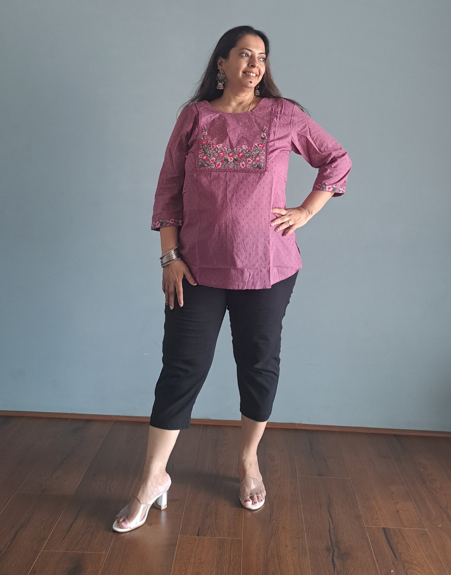 Pink Embroidered dobby cotton Short top