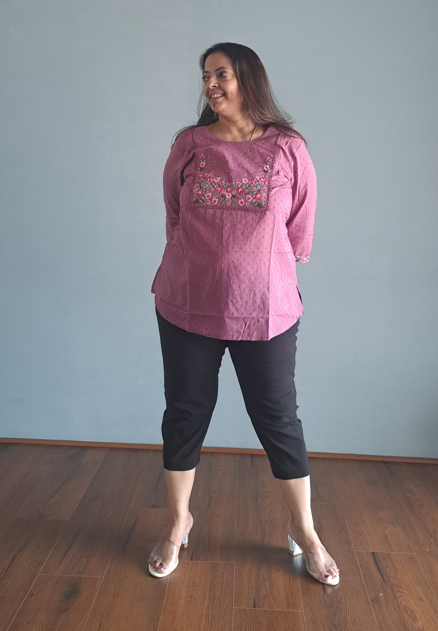 Pink Embroidered dobby cotton Short top