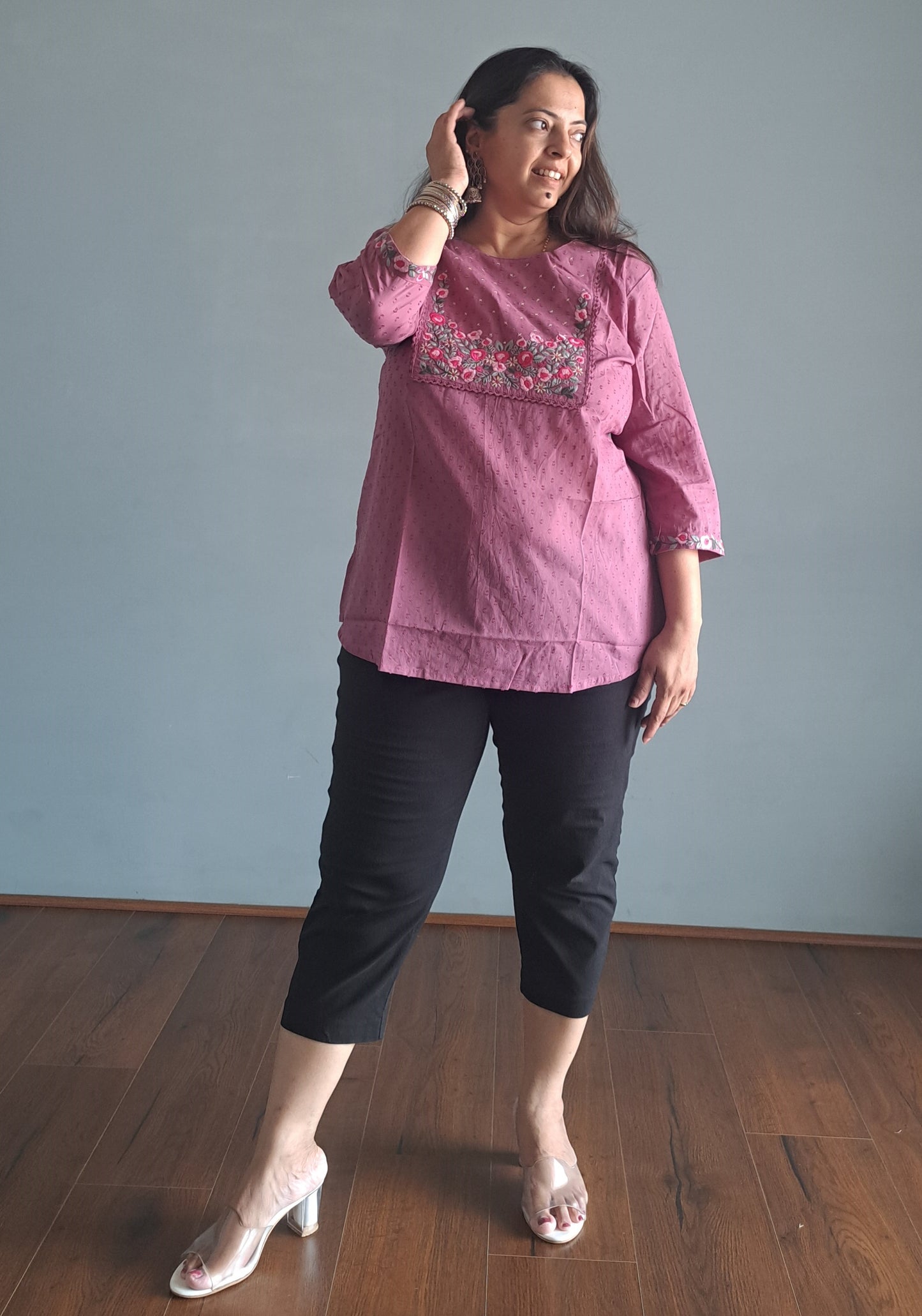 Pink Embroidered dobby cotton Short top