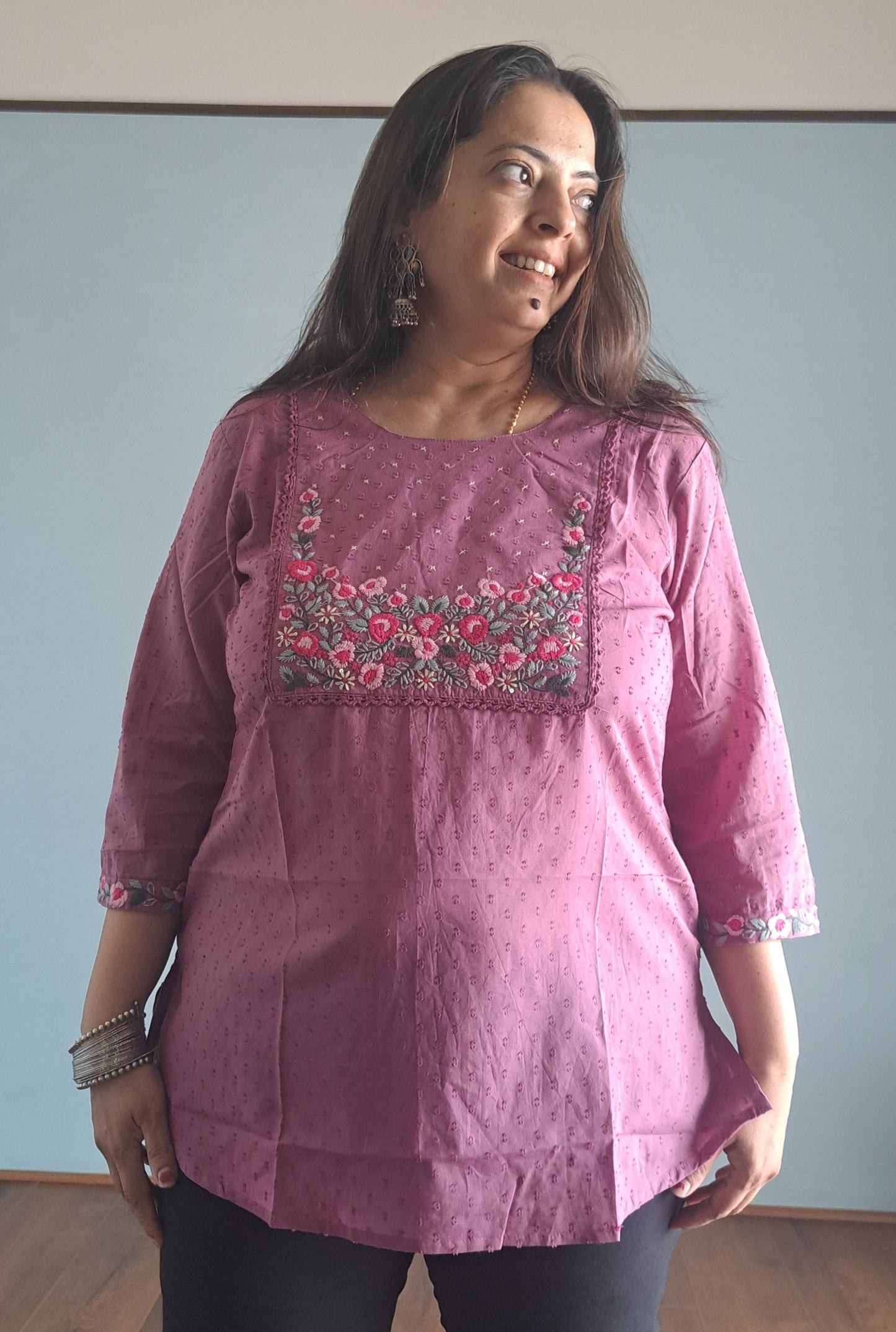 Pink Embroidered dobby cotton Short top