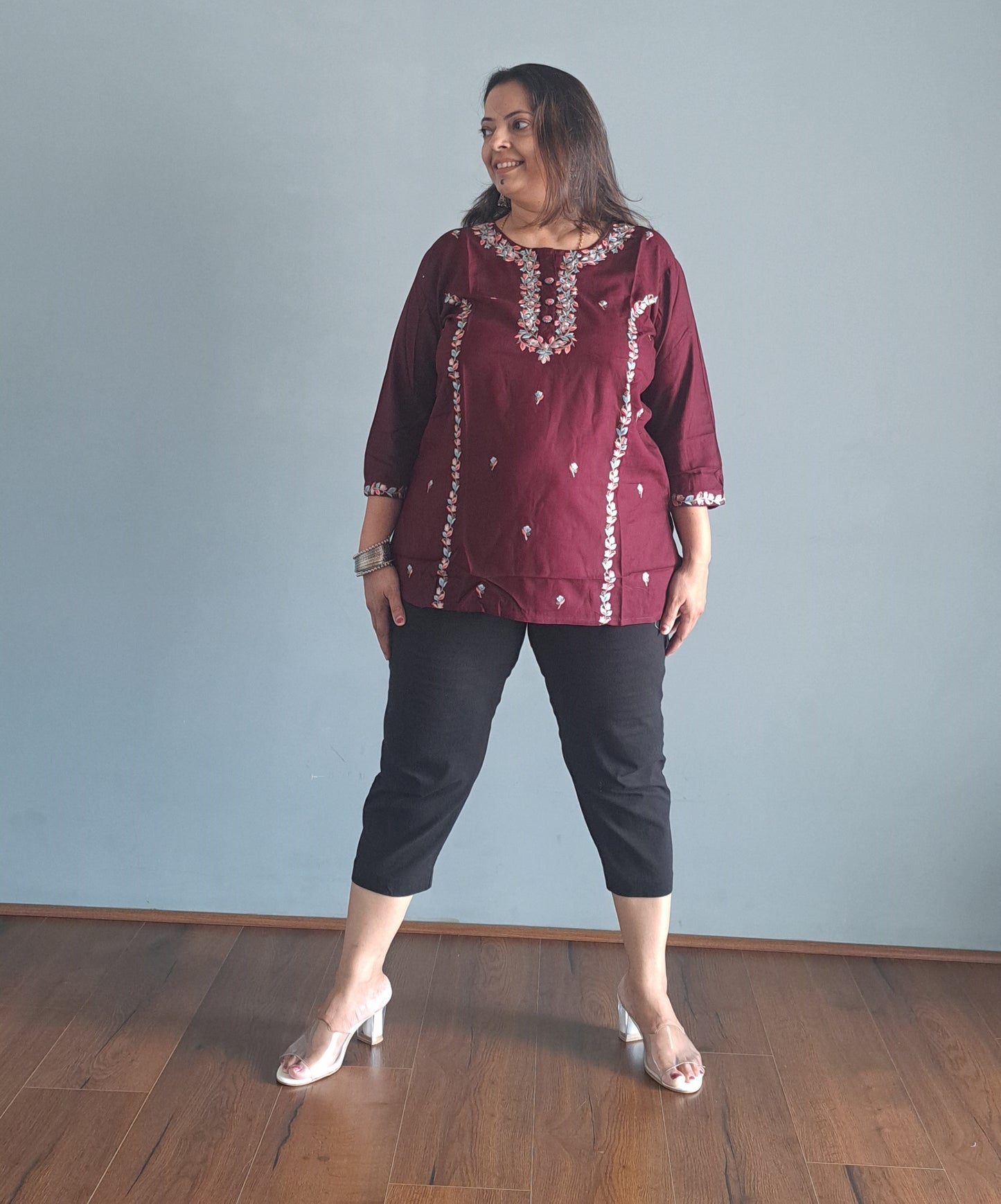 Maroon Embroidered cotton Short top