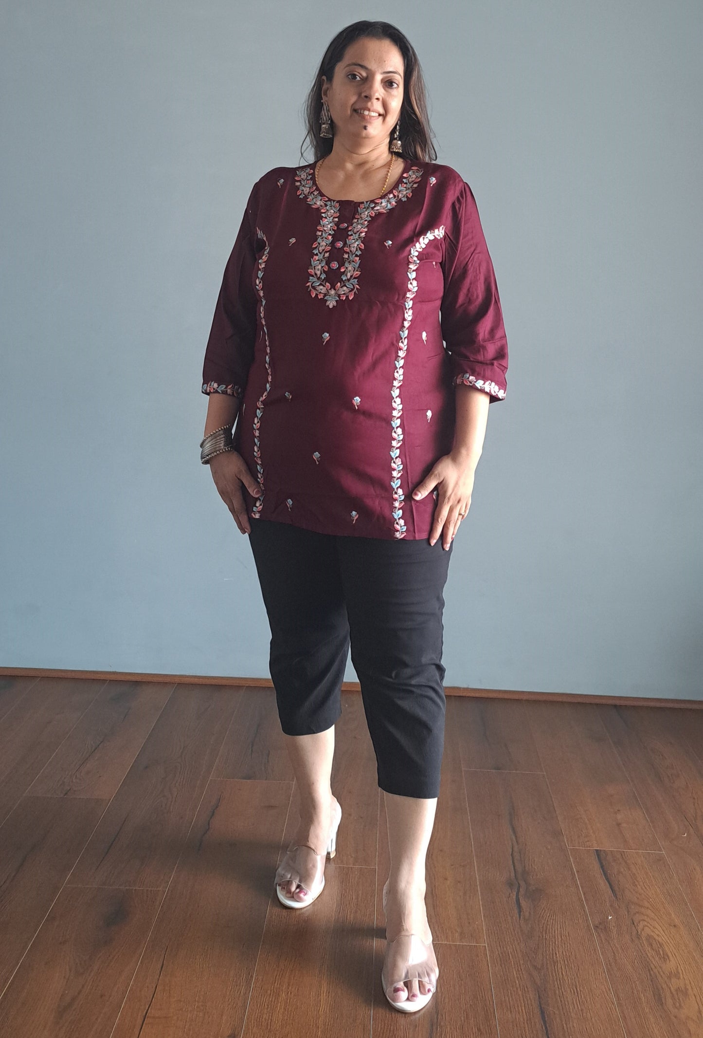 Maroon Embroidered cotton Short top