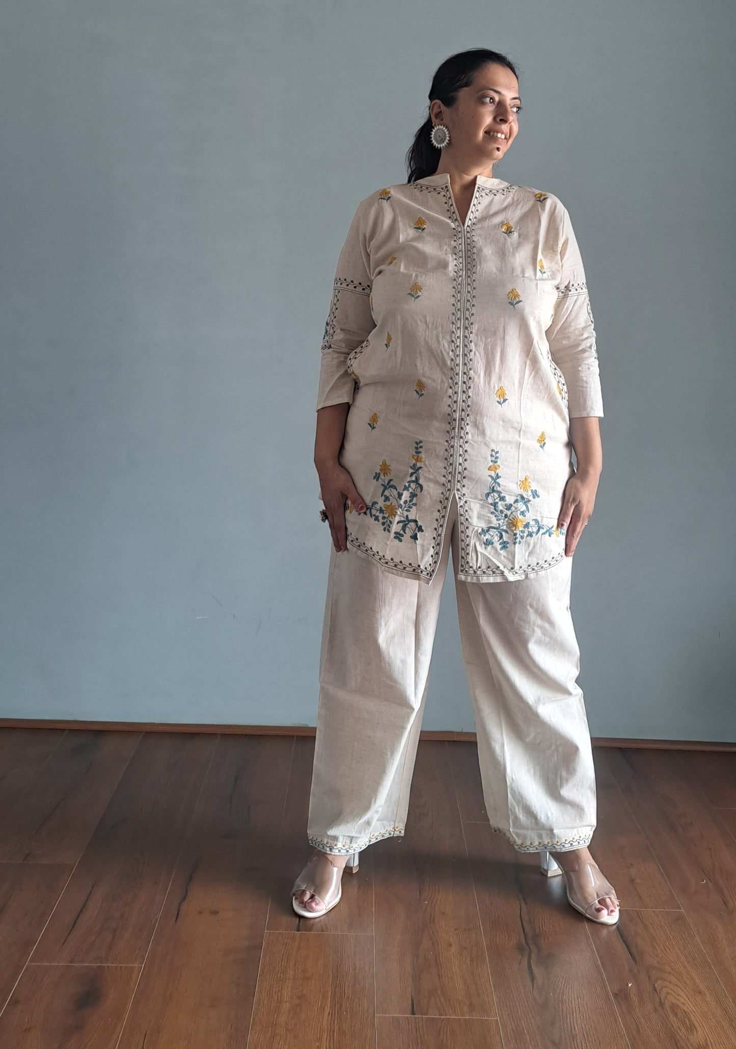 Off White khadi cotton Embroidered coord set for woman