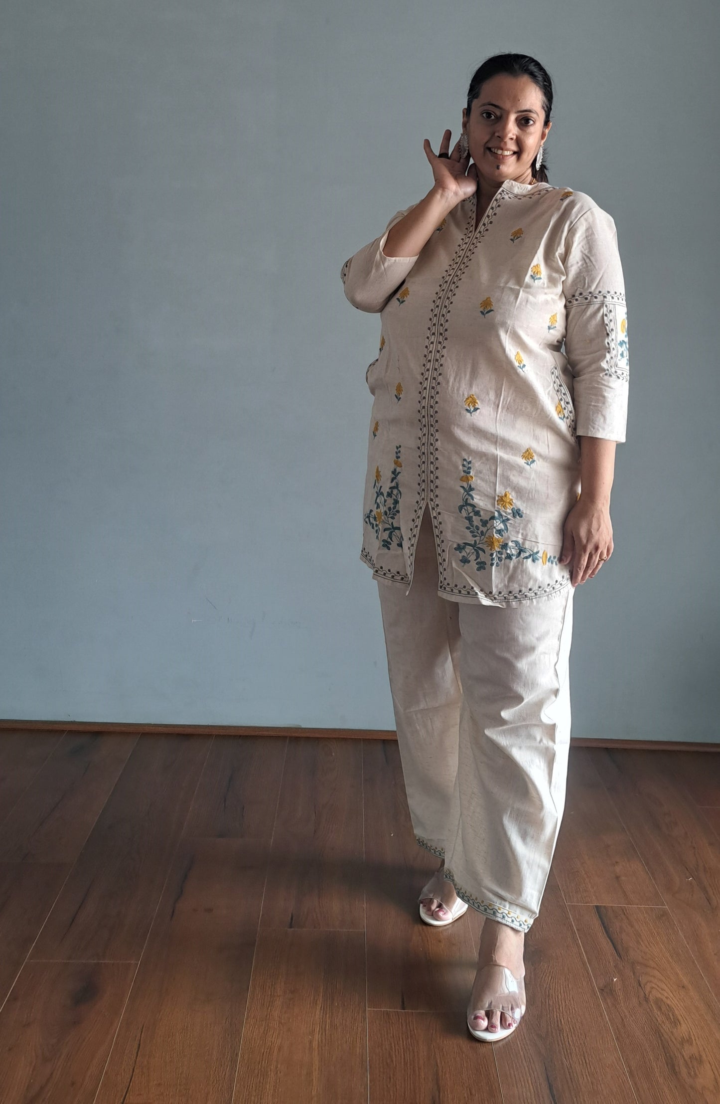 Off White khadi cotton Embroidered coord set for woman