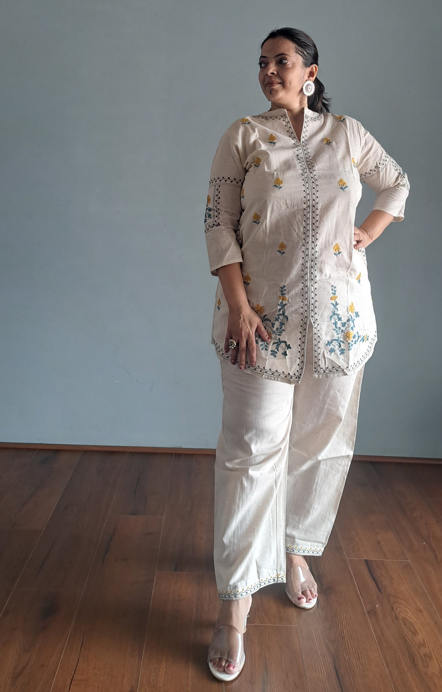 Off White khadi cotton Embroidered coord set for woman